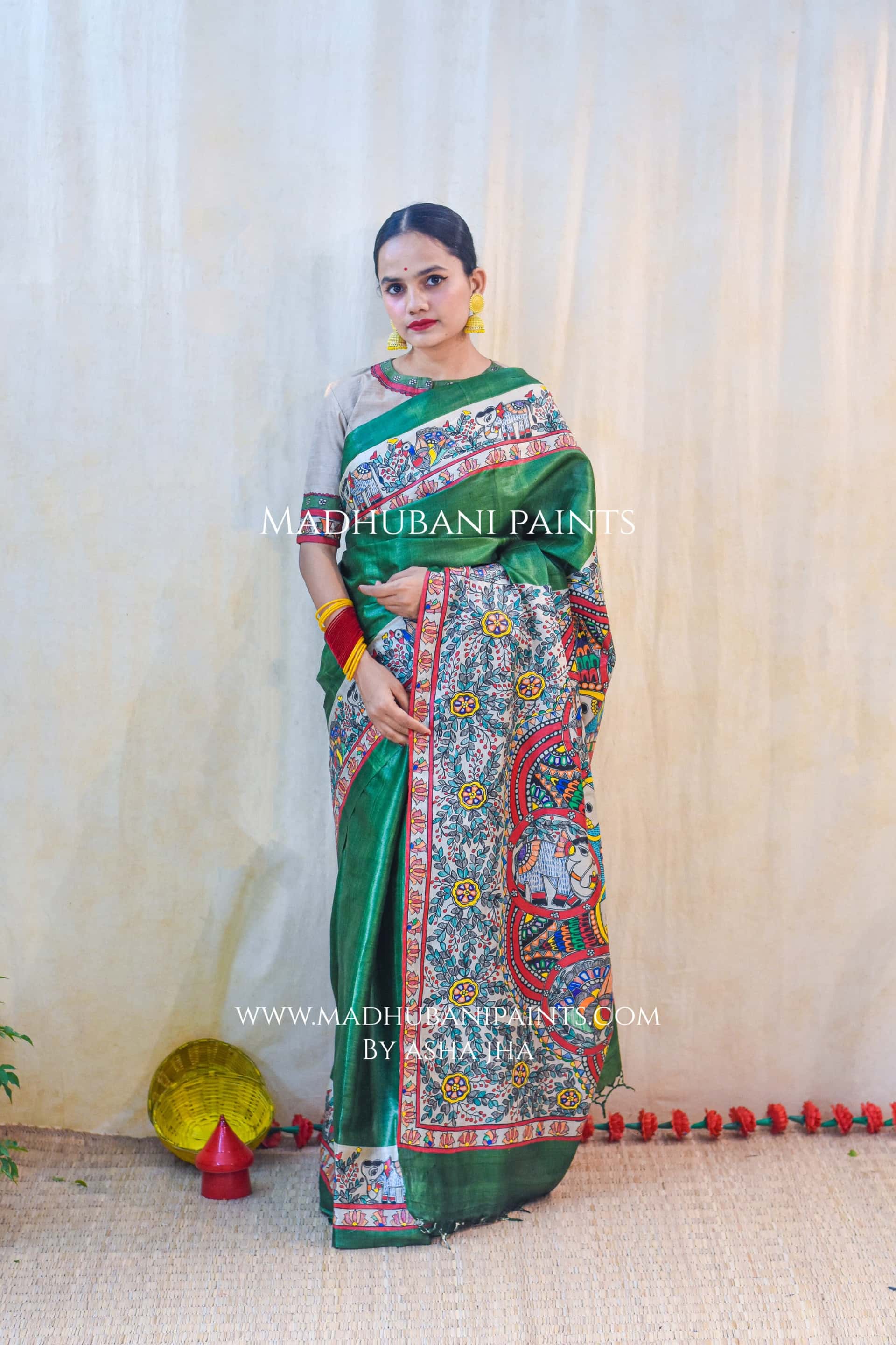 'HARIYALI'  Handpainted Madhubani Tussar Silk Saree Blouse Set — image 7 of 8