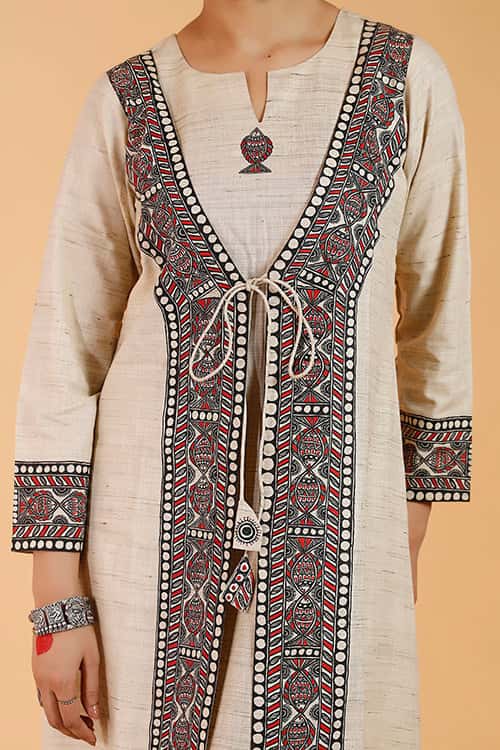 'Surmai Kachni Angrakha' Handpainted Madhubani Cotton Kurta — image 6 of 7