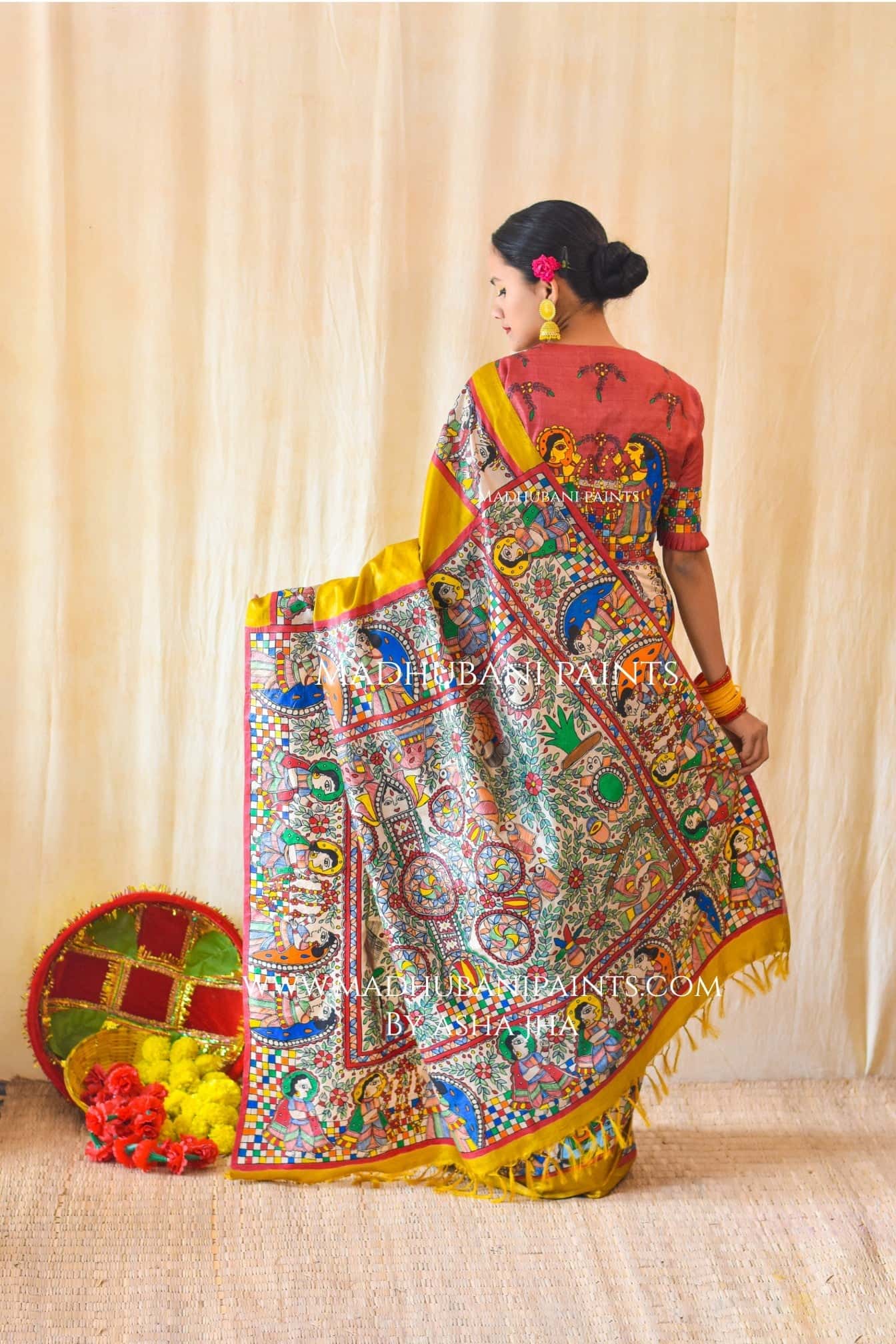 Mithila Kohbar Hand Painted Madhubani Tussar Silk Saree Blouse — image 8 of 10