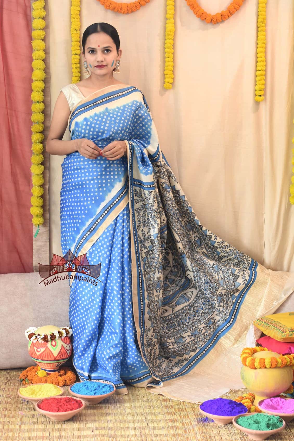 Madhubani Bandhani NEELI Mayur- Surmai Mandara Handpainted Saree — image 2 of 6