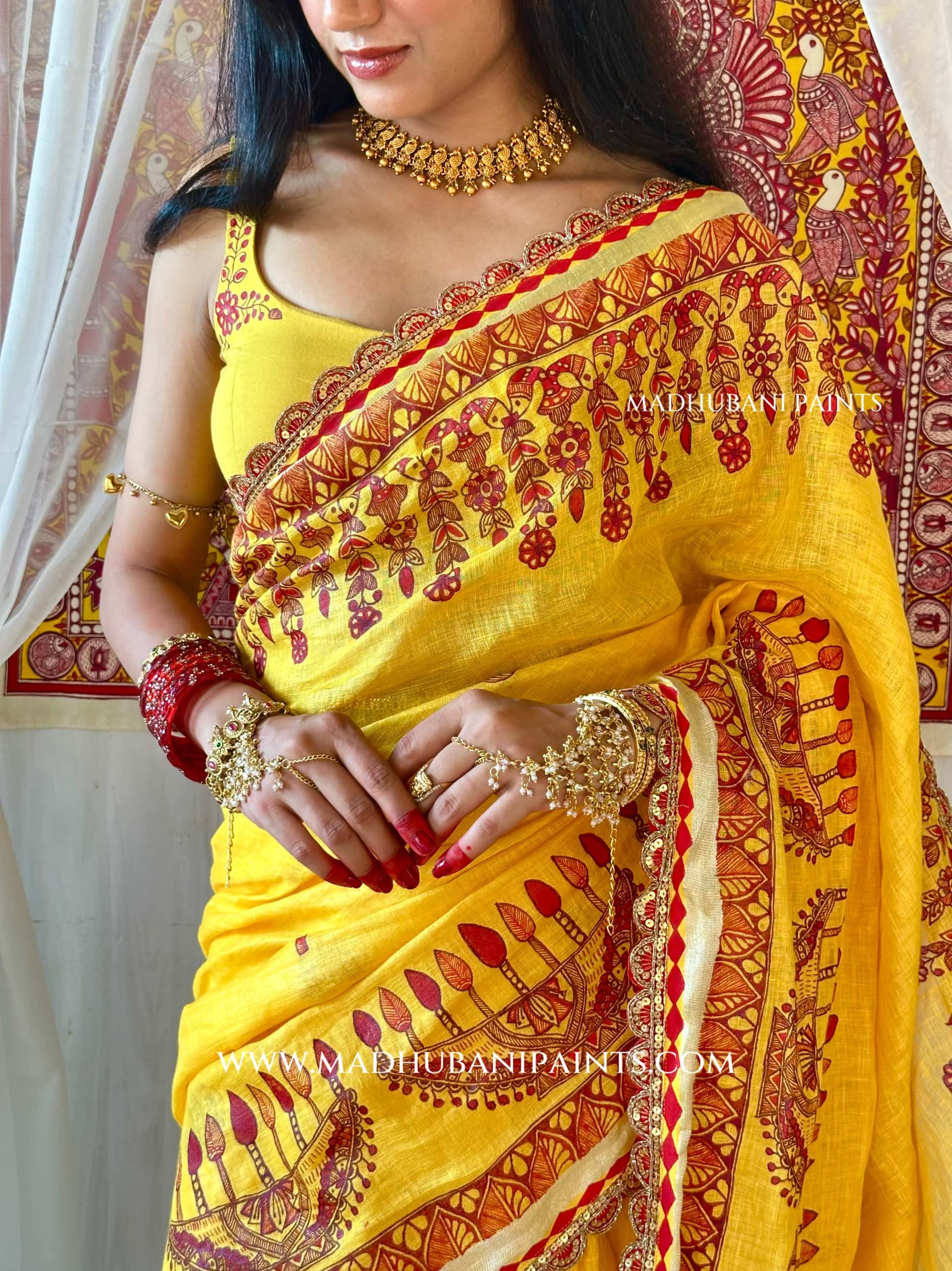 Haldi Bridal Hand-painted Madhubani Painting Saree Blouse Set — image 10 of 11