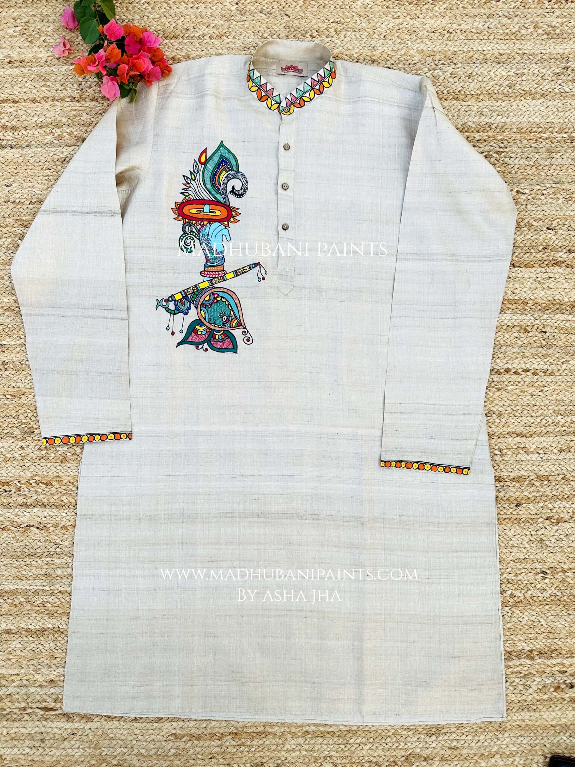 Krishna's Mor Paankh Hand-painted Madhubani Men's Tussar Silk Kurta — image 2 of 3