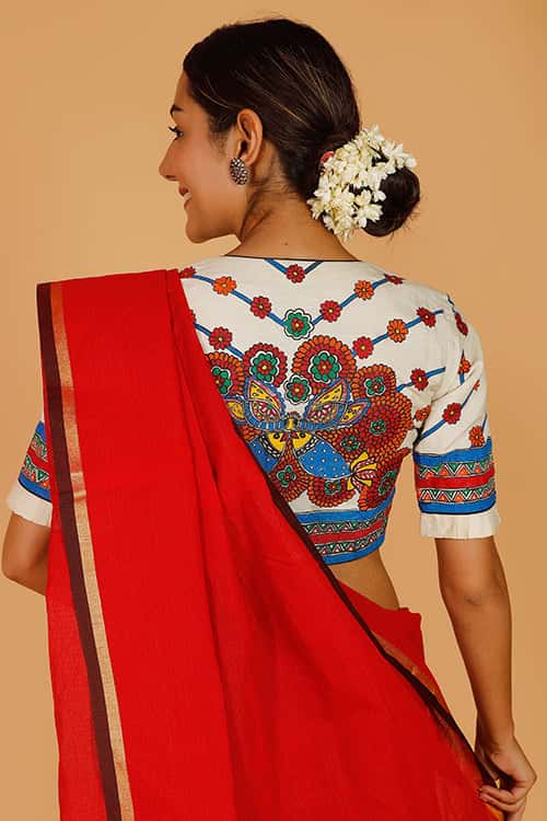 'Ecstatic Mayur' Handpainted Madhubani Moonga Silk Blouse — image 4 of 7