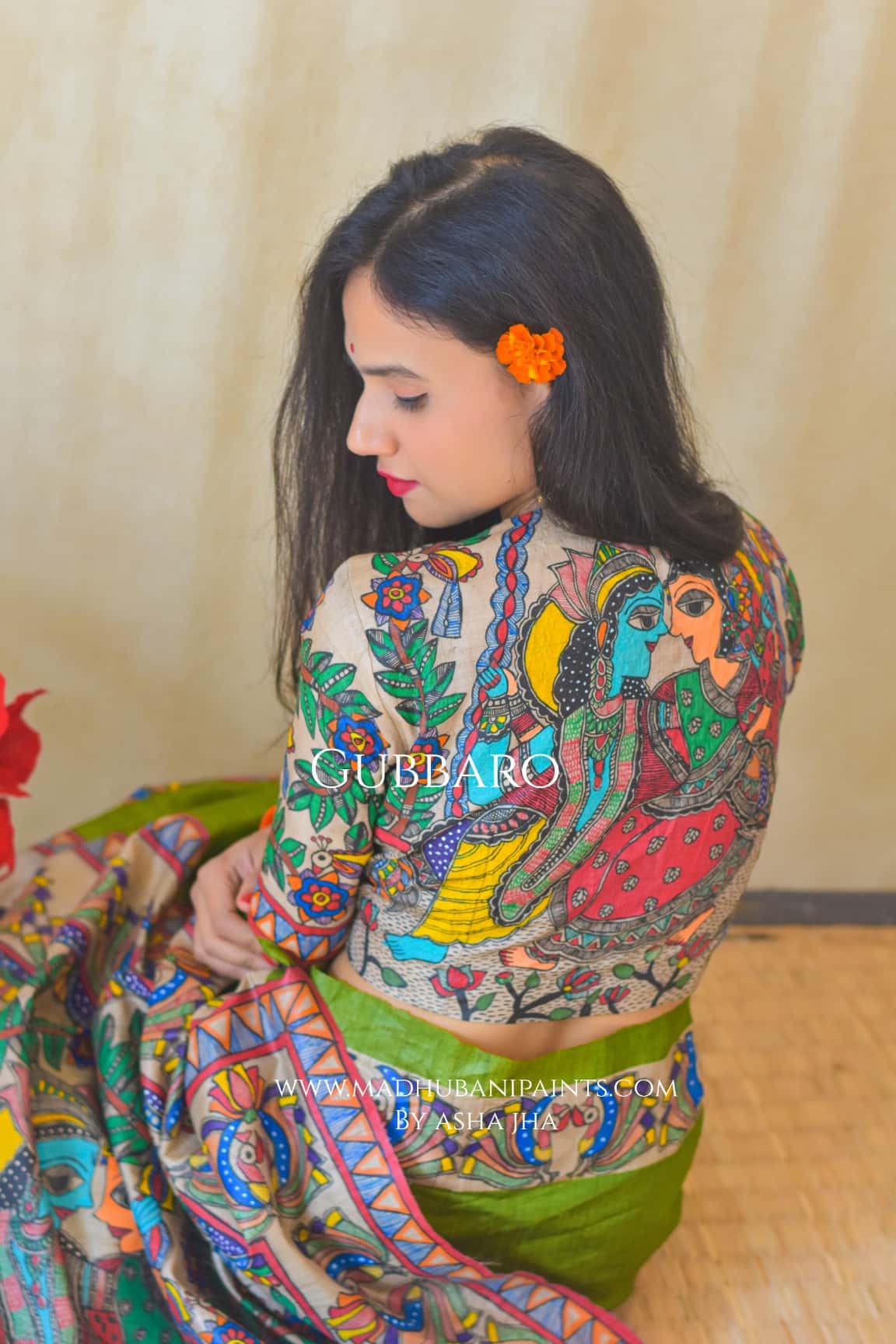 RADHA SANG KRISHNA Handpainted Madhubani Tussar Silk Saree Blouse — image 6 of 9