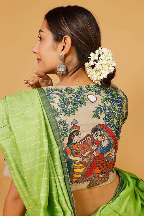 'Radha Krishna Raasleela' Handpainted Madhubani Tussar Silk Blouse — image 3 of 7