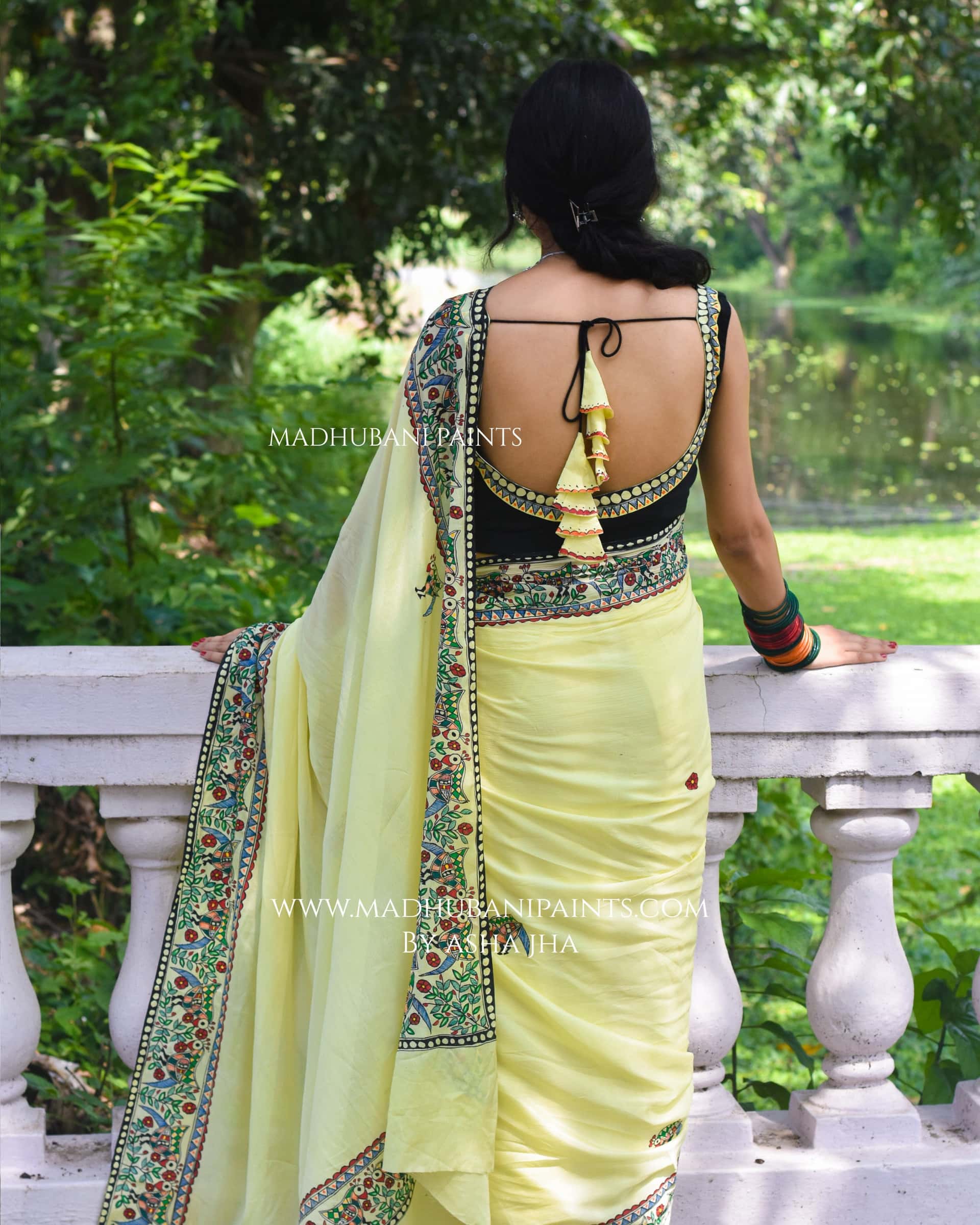 Sunehri Mayuri Hand-painted Madhubani Chiffon Saree — image 5 of 7