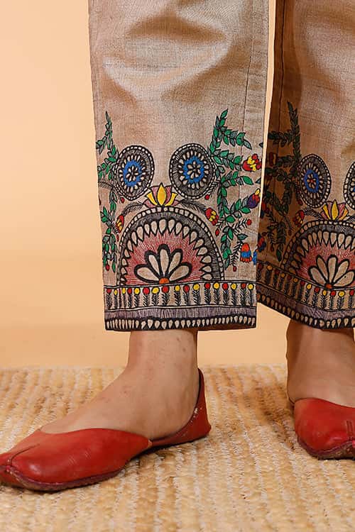 'Flowers of Mithila' Handpainted Madhubani Tussar Silk Pant — image 3 of 3