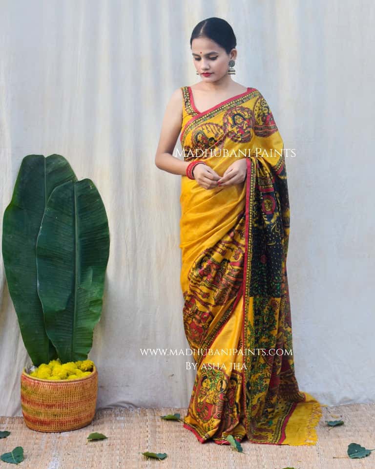 'GOVARDHAN' Handpainted Madhubani Tussar Silk Saree — image 5 of 9