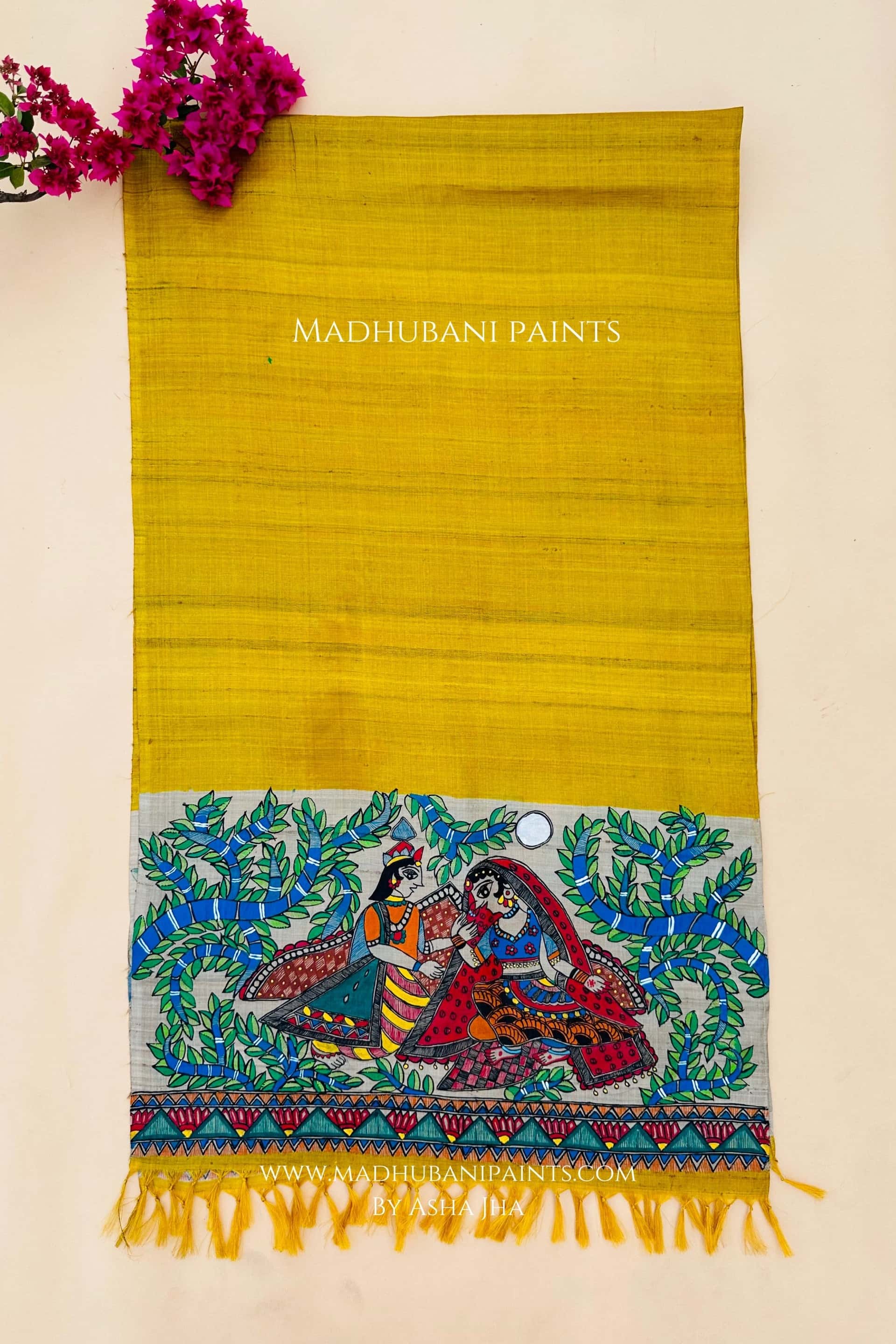 Radha Krishna Yellow Tussar Silk Stole — image 2 of 3