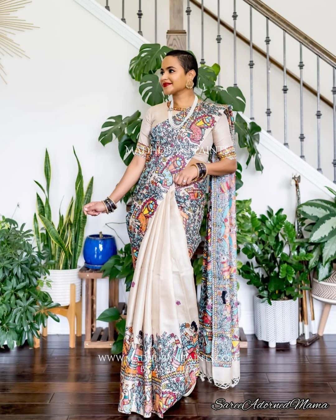 'Mithila ki Neeli Doli' Madhubani Hand-painted Saree Blouse Set — image 8 of 13