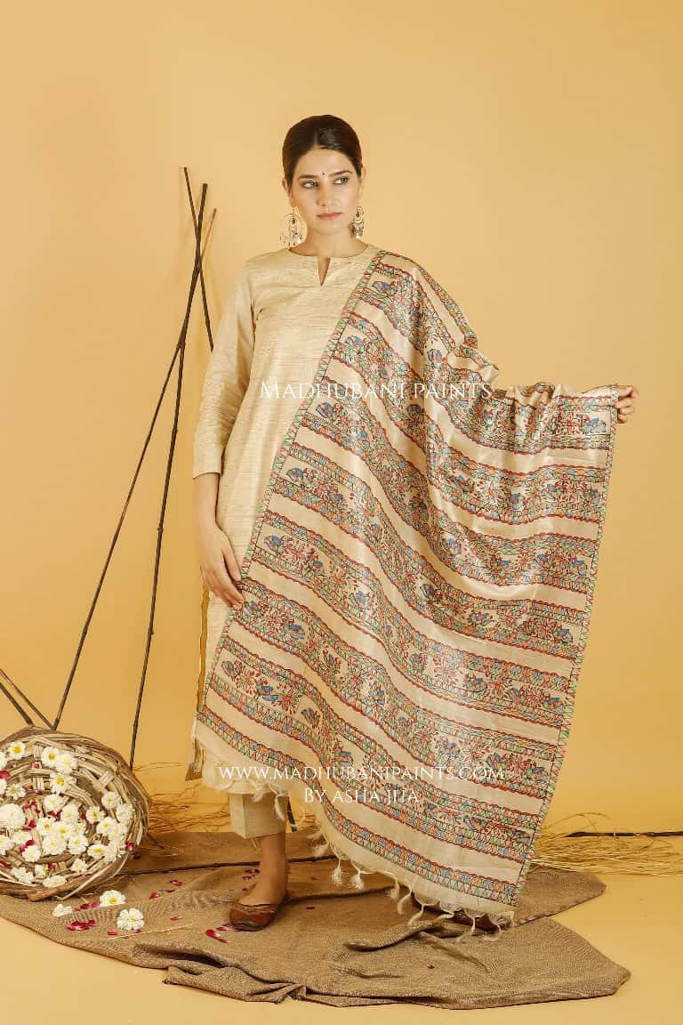 Mayuri Katha Madhubani Handpainted Pure Handwoven Tussar Silk Dupatta — image 2 of 4