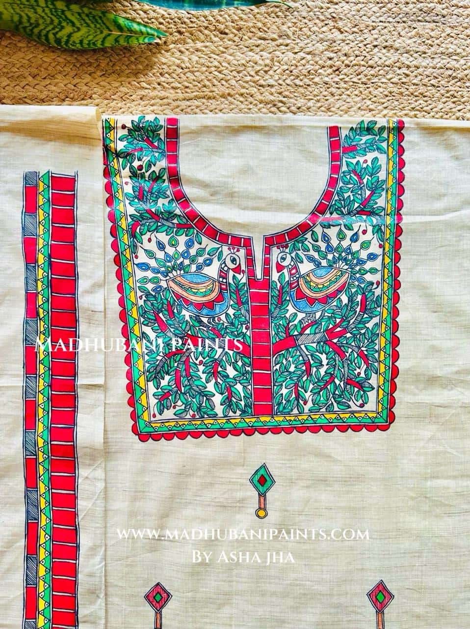 Laal Mayuri Hand-painted Madhubani Painting Cotton Unstitched Kurta Pant Dupatta Set — image 3 of 4
