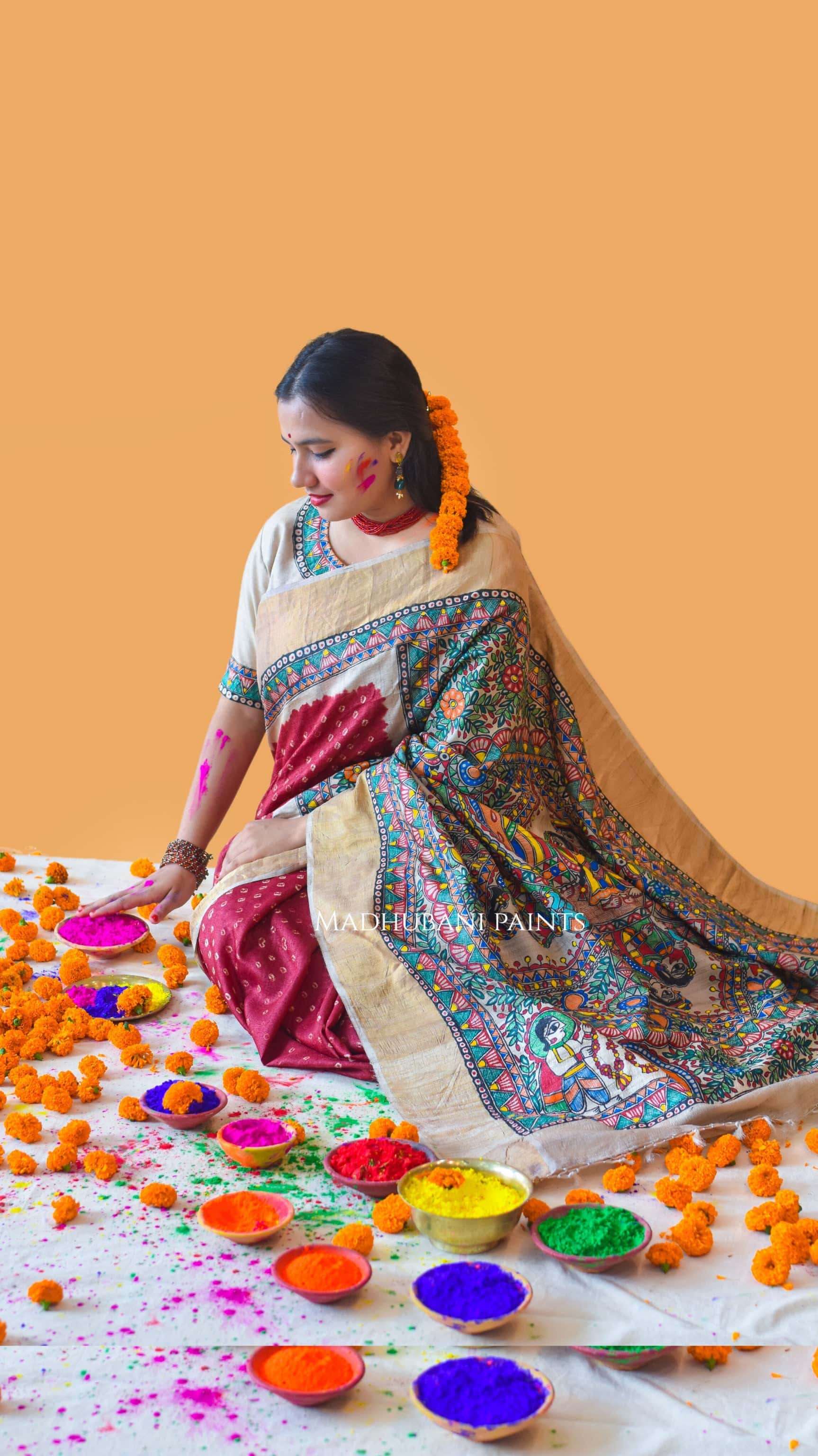 GAURI PUJA Hand-painted Madhubani Bandhini Tussar Silk Saree — image 6 of 7