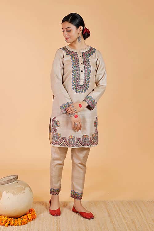 'Kamal Nain' Handpainted Madhubani Tussar Silk Kurta