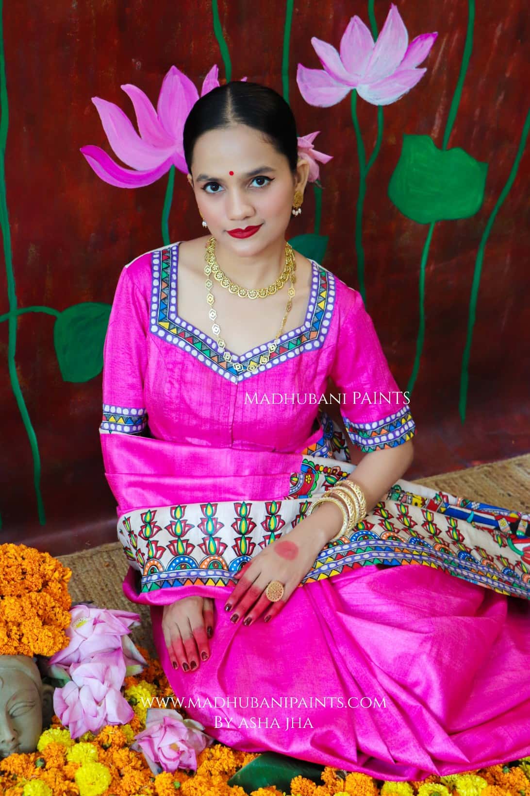 'PADMANABHA SAHODARI' Handpainted Madhubani Tussar Silk Saree Blouse Set — image 9 of 12