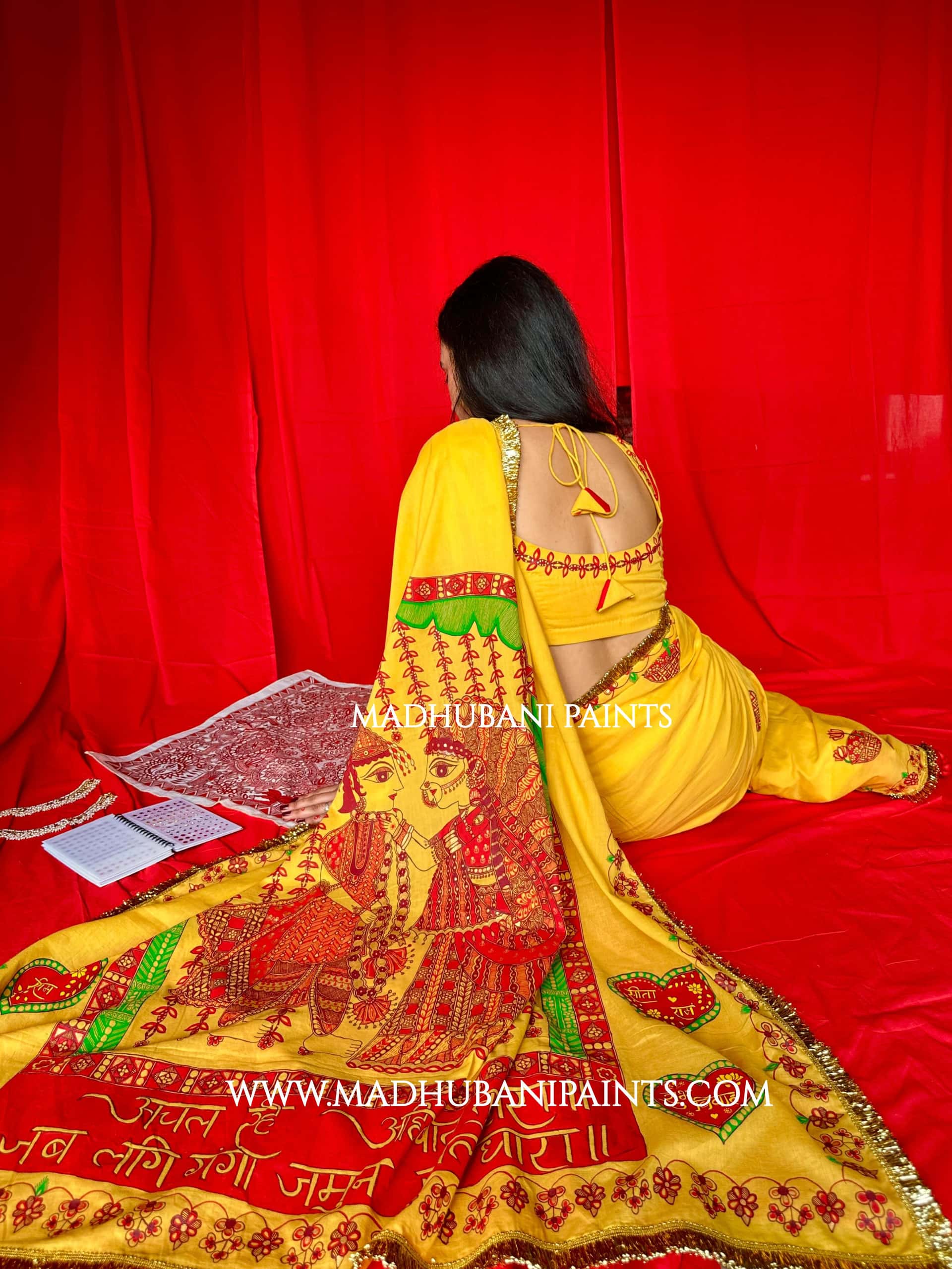 Swayambar Bihari Bridal Hand-painted Madhubani Painting Cotton Saree Blouse Set — image 8 of 12