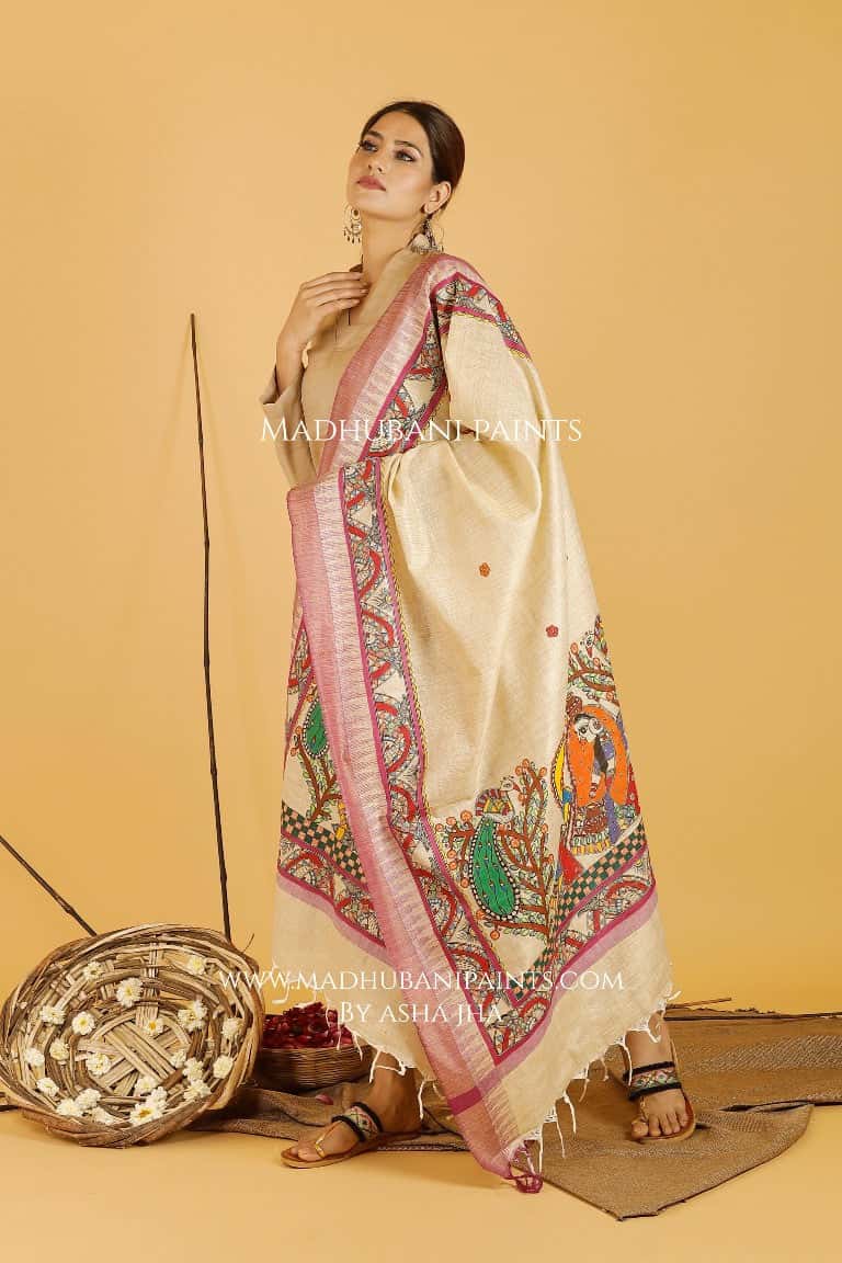 Krishna Radha Leela Madhubani Handpainted Pure Handloom Cotton Dupatta — image 4 of 5