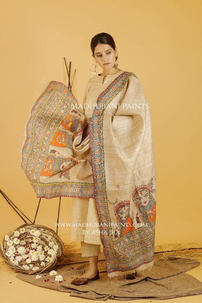 Maa Durga Madhubani Handpainted Pure Handwoven Tussar Silk Dupatta — image 2 of 4