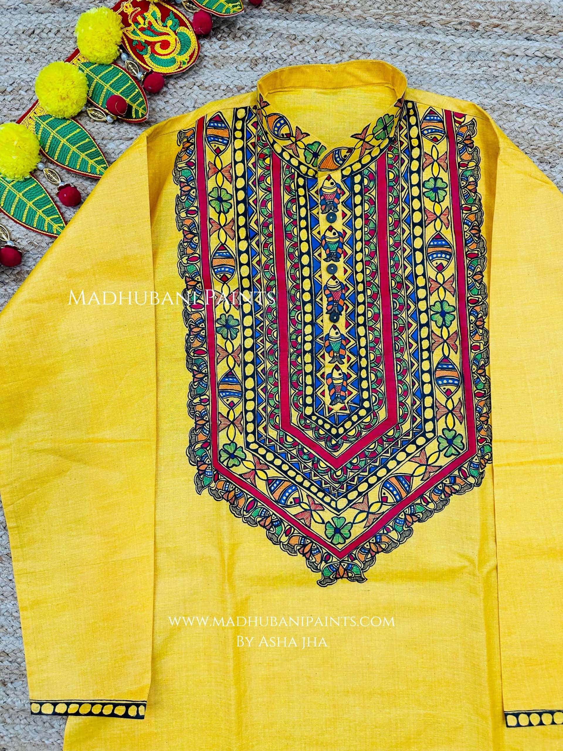 Yellow Surmai Kamal Hand-painted  Madhubani Men's Cotton Kurta