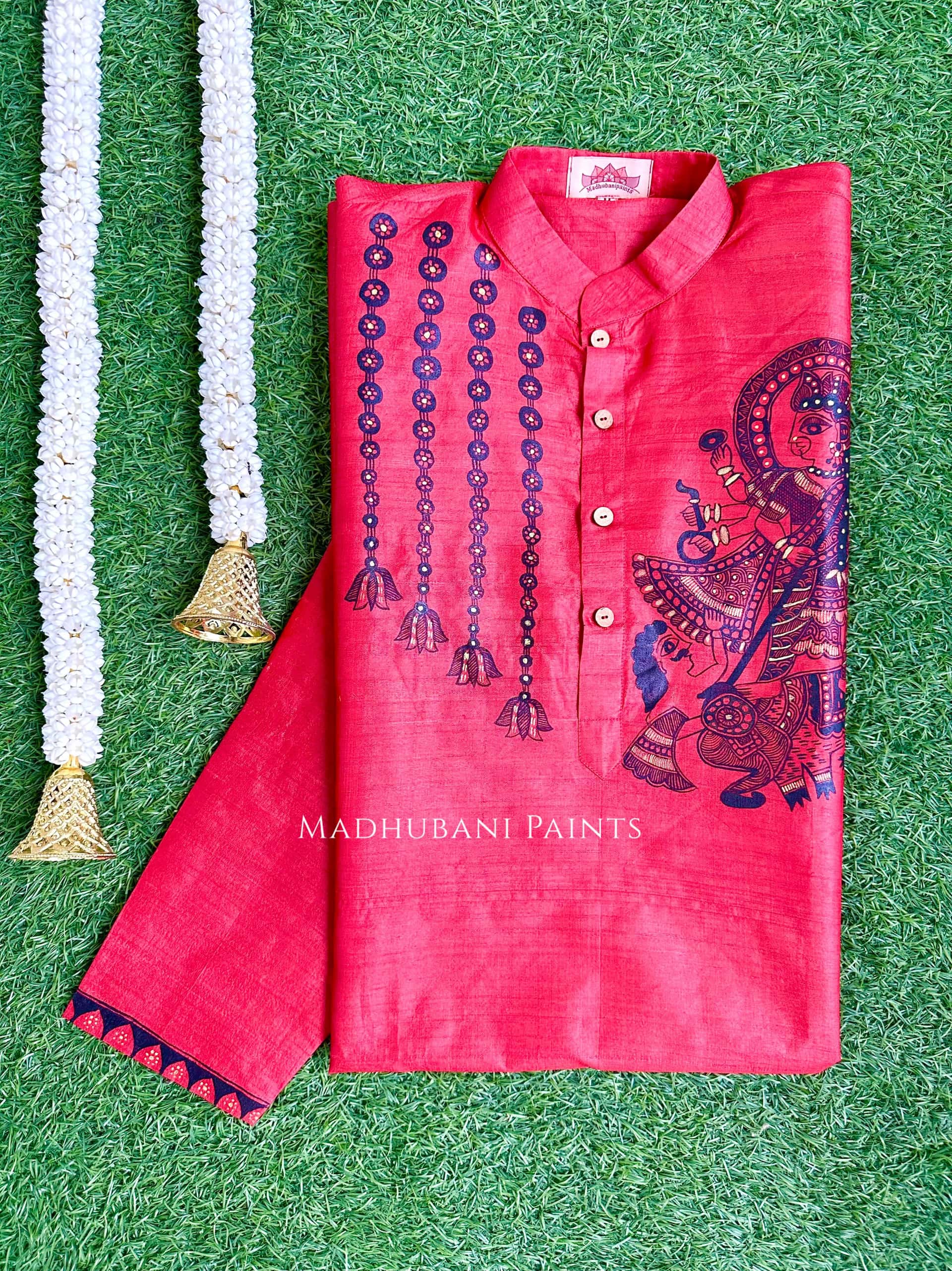 UTKARSHINI Hand-painted Handloom Red Men's Tussar Silk Kurta — image 2 of 5