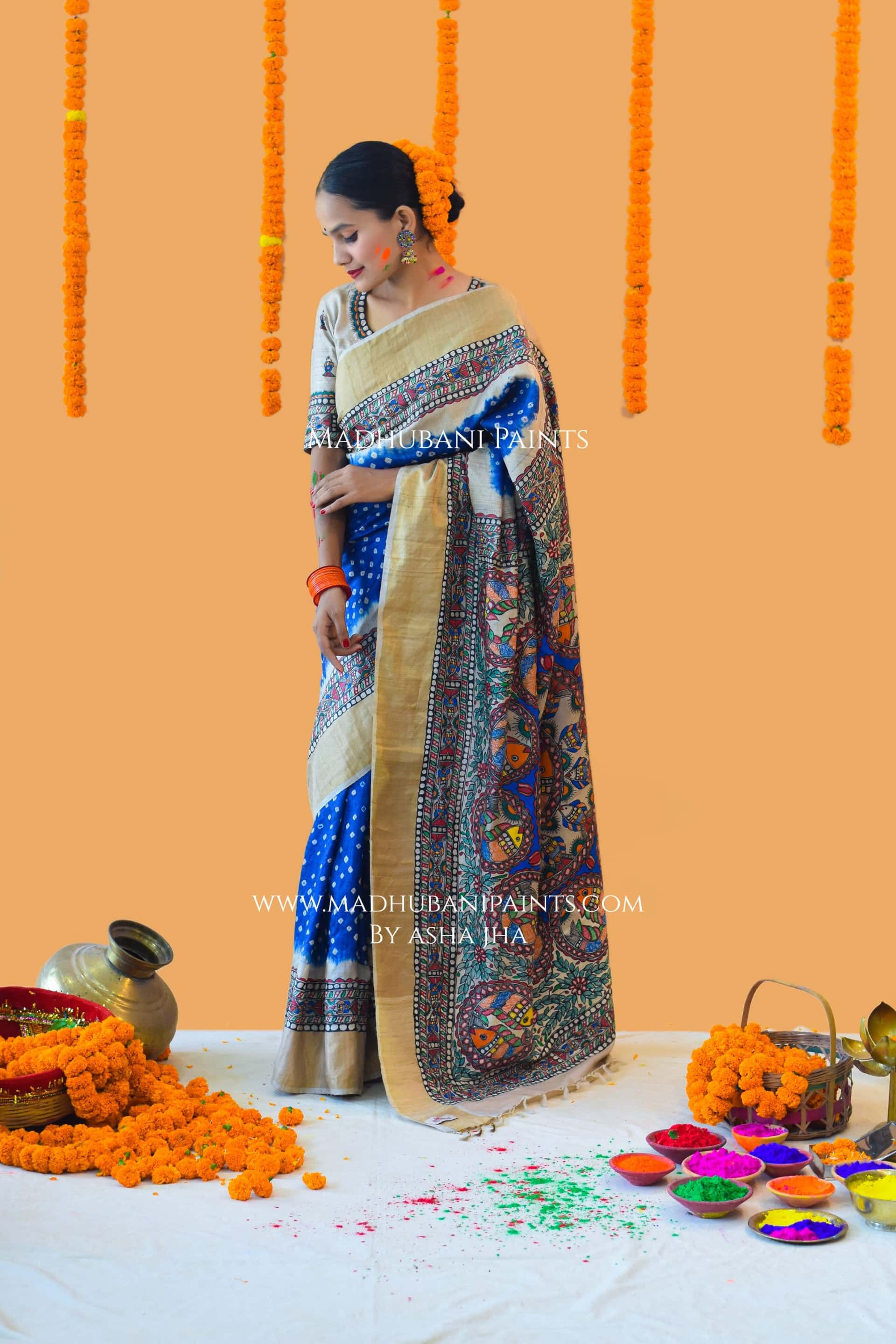 MATSYANGANA Hand-painted Bandhini Madhubani Tussar Silk Saree — image 5 of 6