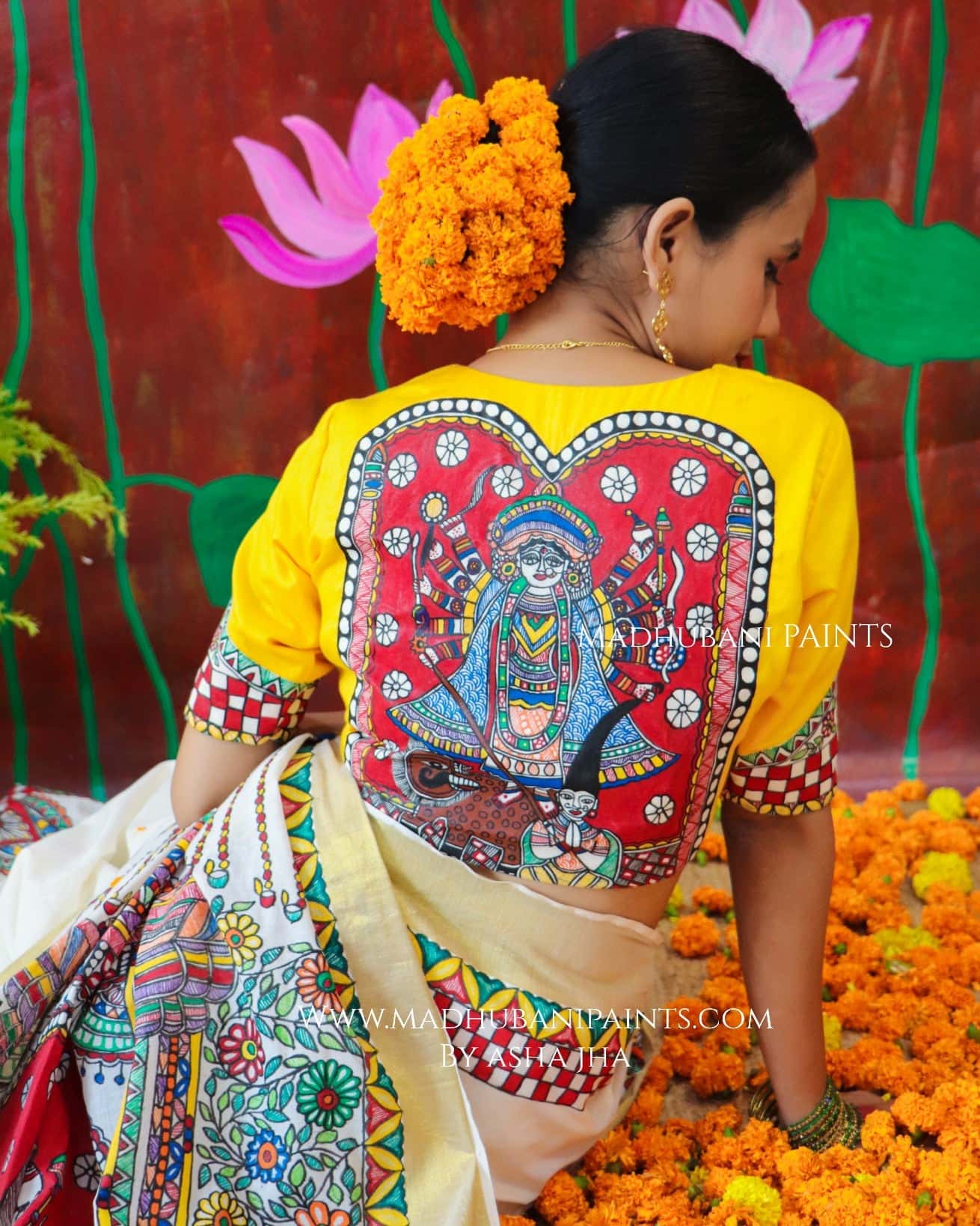 'ROOPVARDHINI' Handpainted Madhubani Cotton Saree Blouse Set — image 6 of 16