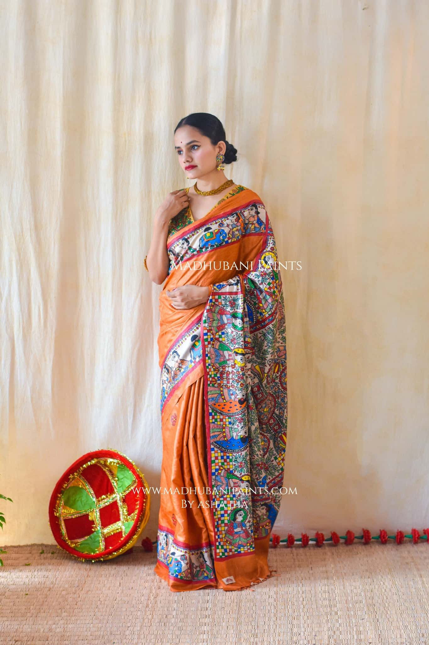 "MITHILA KOHBAR" Rust Orange Hand Painted Madhubani Tussar Silk Saree — image 3 of 4