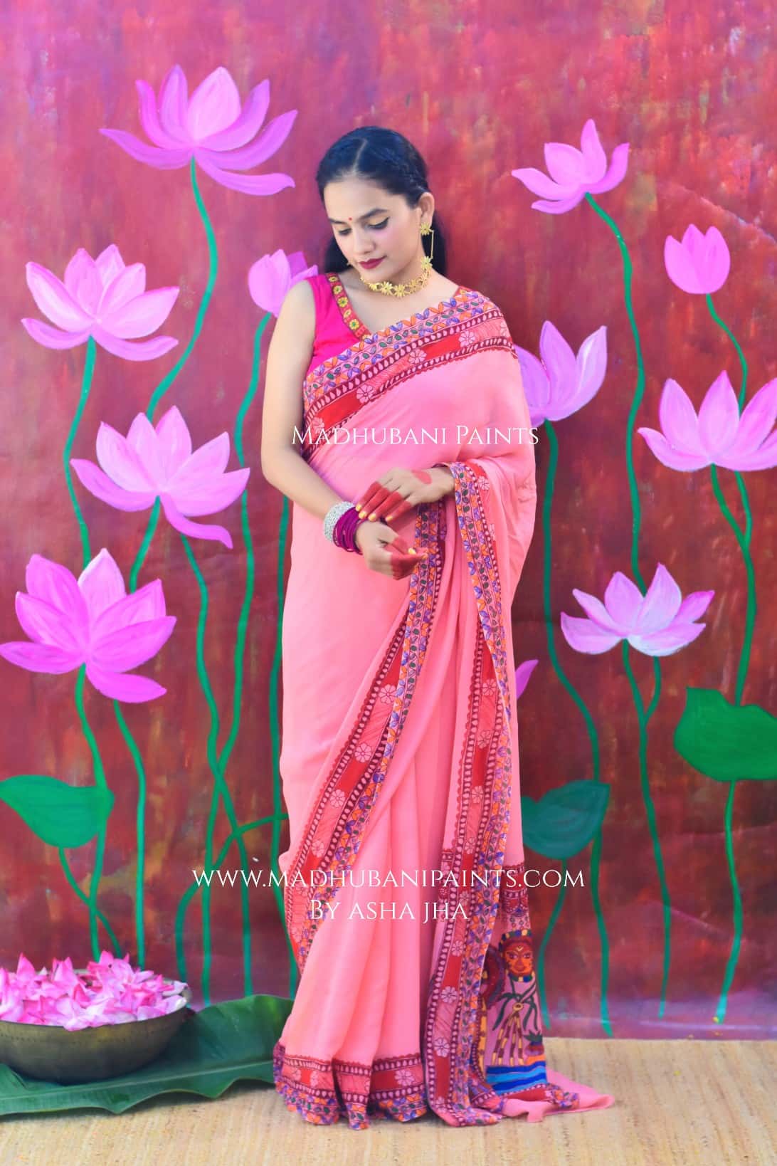 POOJA VIBHUTI Chhath Puja Hand-painted Madhubani Georgette Saree Blouse Set — image 7 of 9