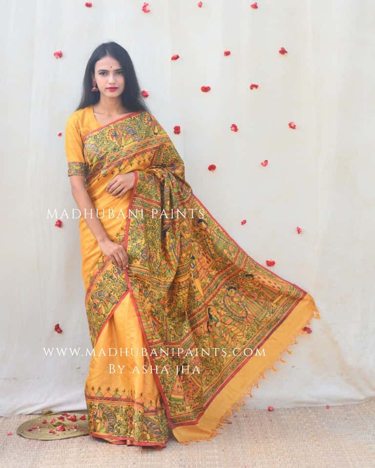 RAMAYANA' Handpainted Madhubani Tussar Silk Saree Blouse Set — image 5 of 7