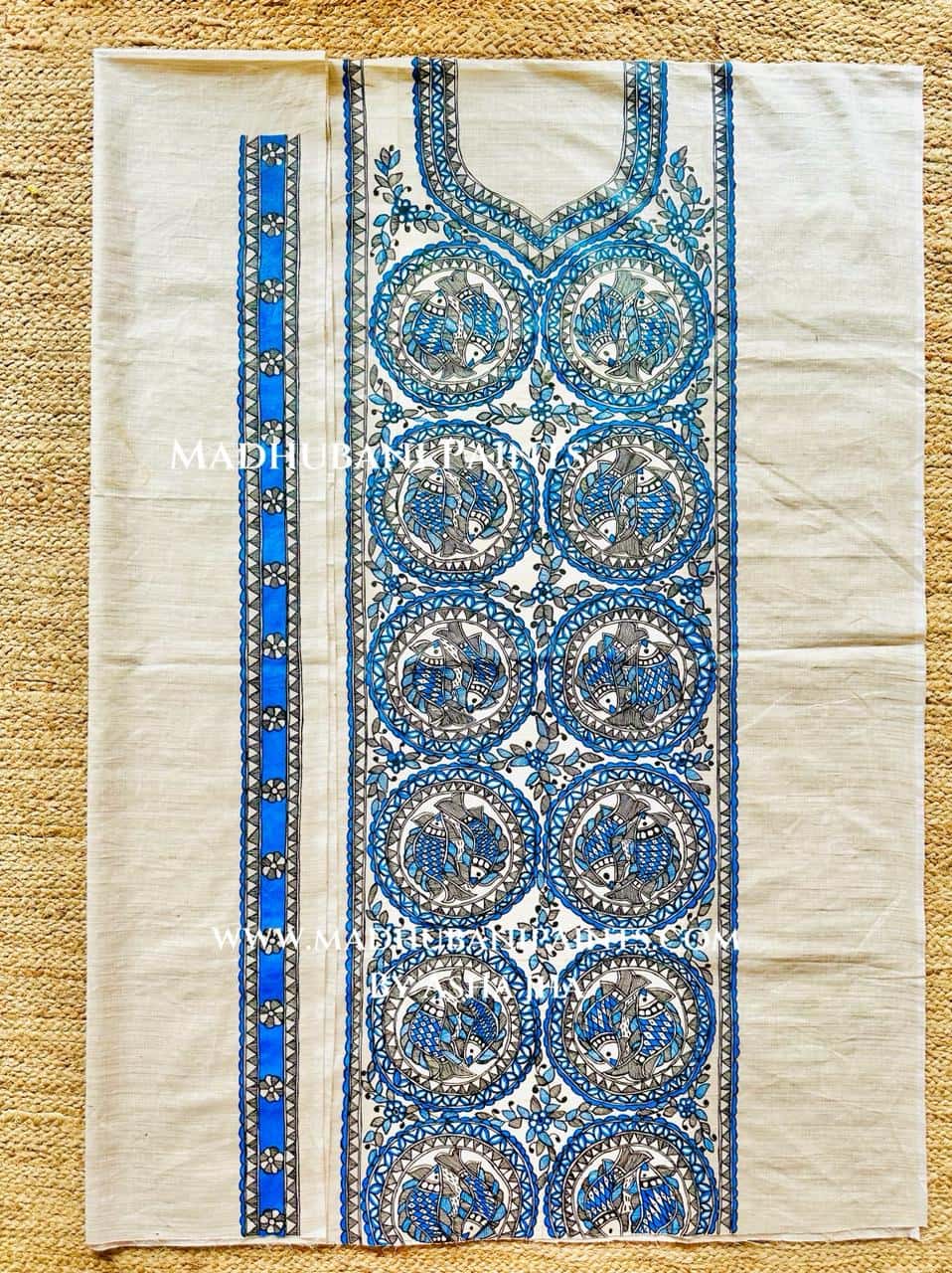 Matsya Hand-painted Madhubani Painting Cotton Unstitched Kurta Pant Dupatta Set — image 4 of 4