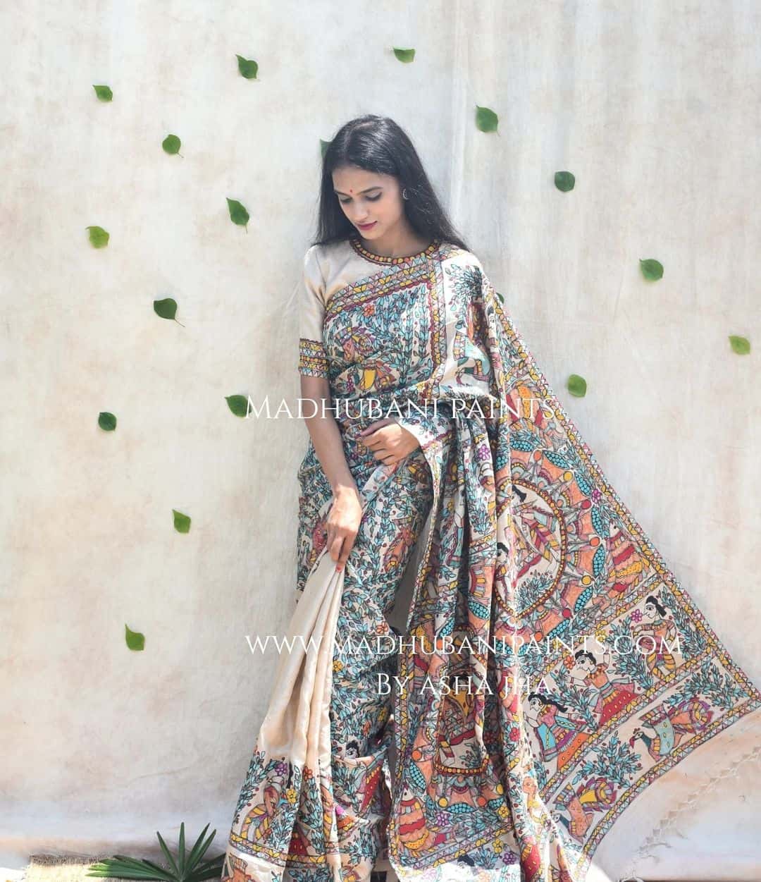 'Mithila ki Neeli Doli' Madhubani Hand-painted Saree Blouse Set — image 2 of 13