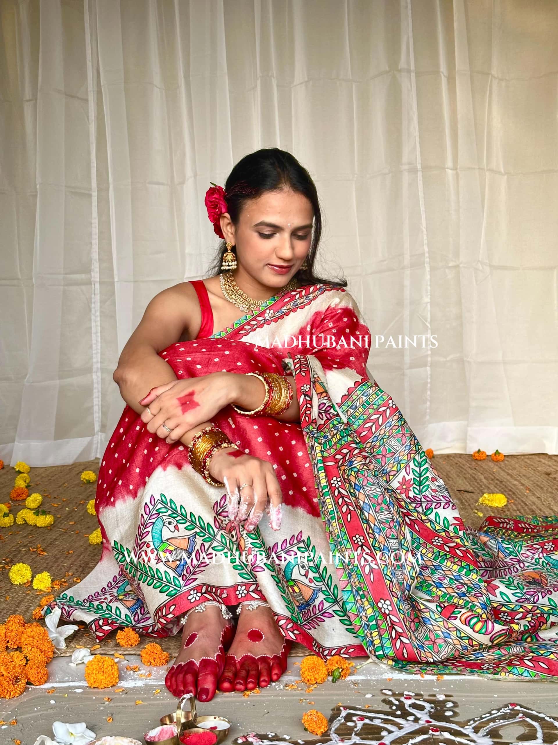 GULAB Handpainted Tussar Silk Bandhini Madhubani Saree