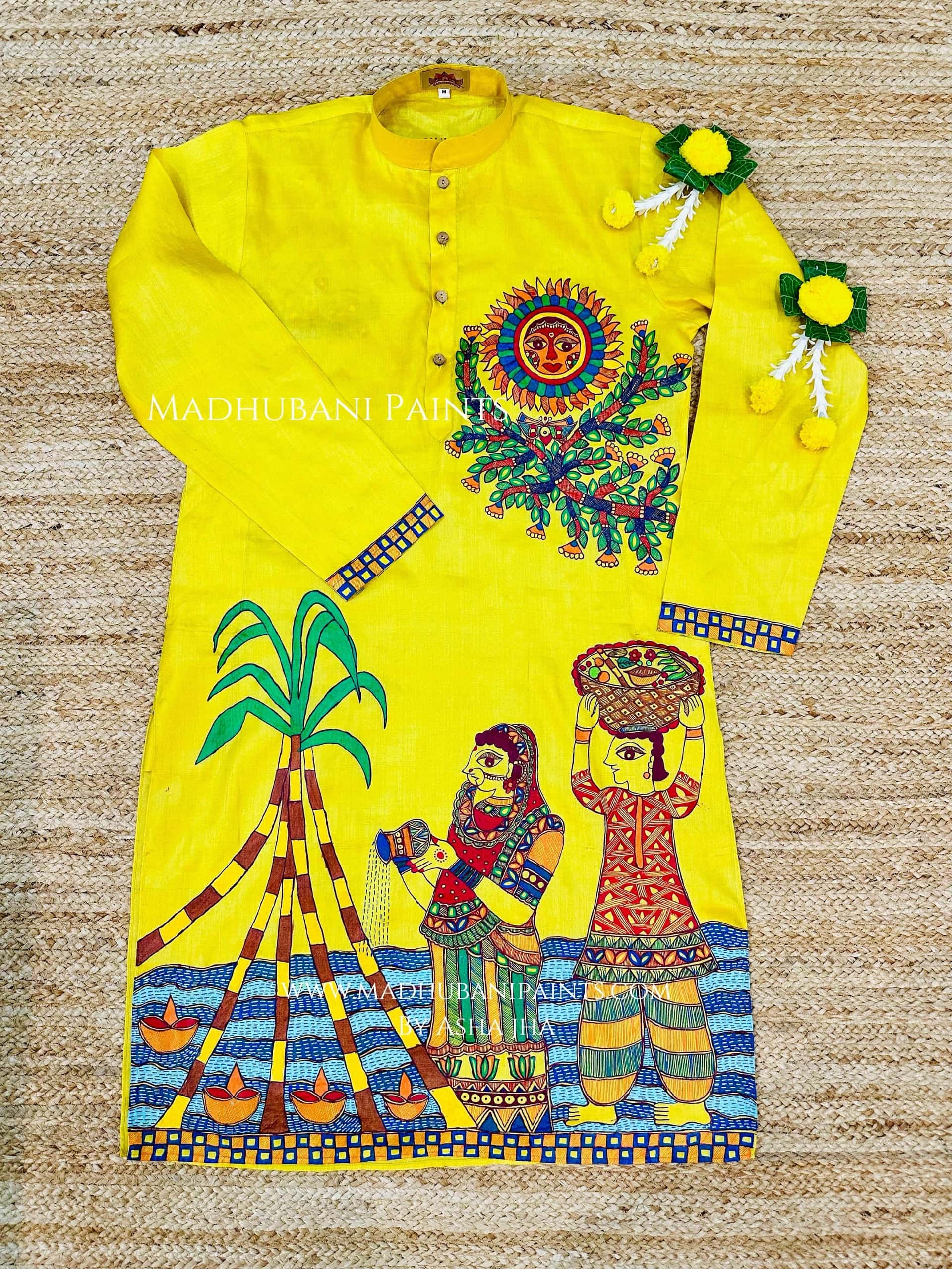Chhath Puja Hand-painted  Madhubani Men's Tussar Silk Kurta — image 3 of 6