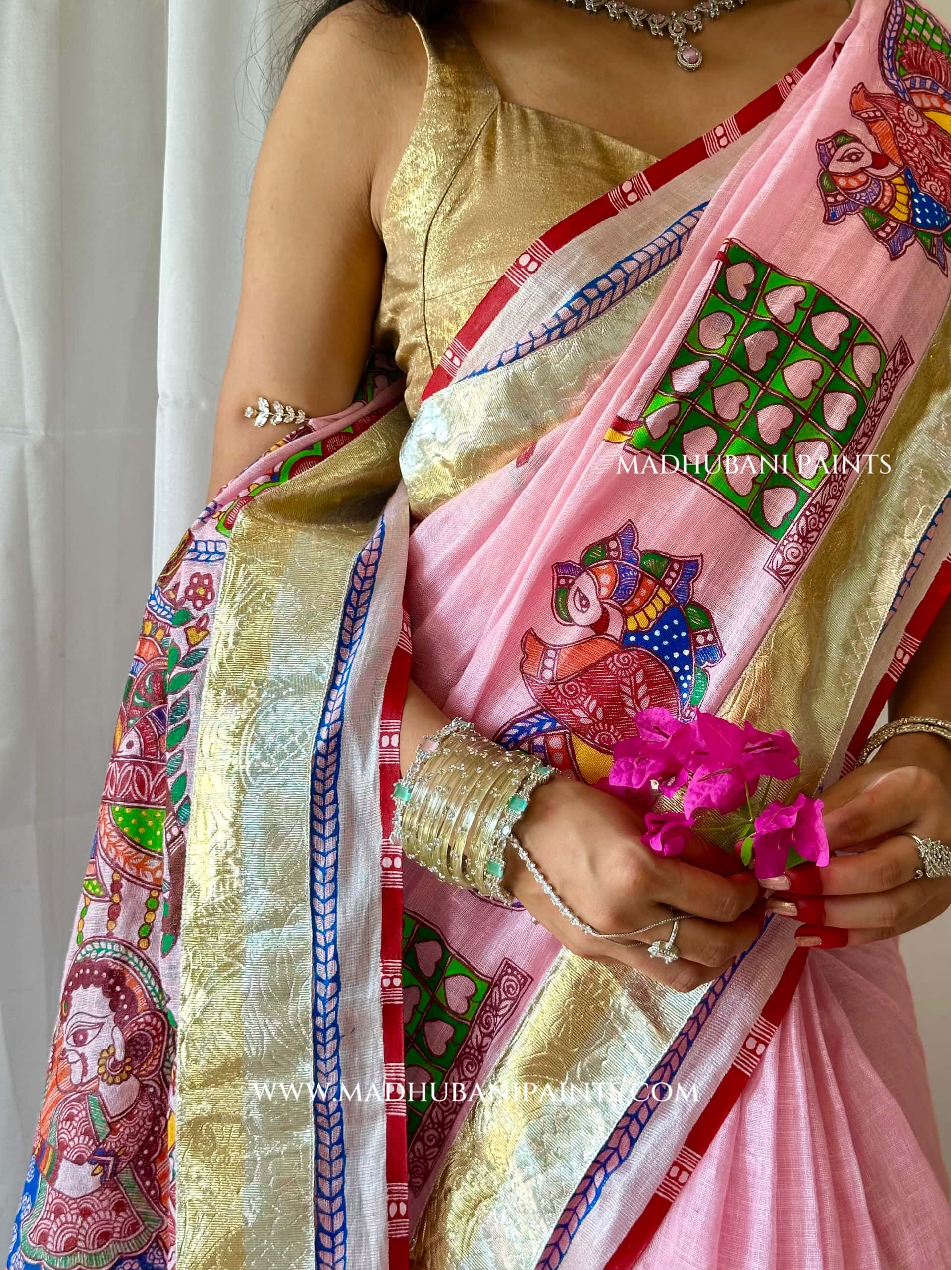 Gulabi Bridal Hand-painted Madhubani Painting Saree Blouse Set — image 10 of 10