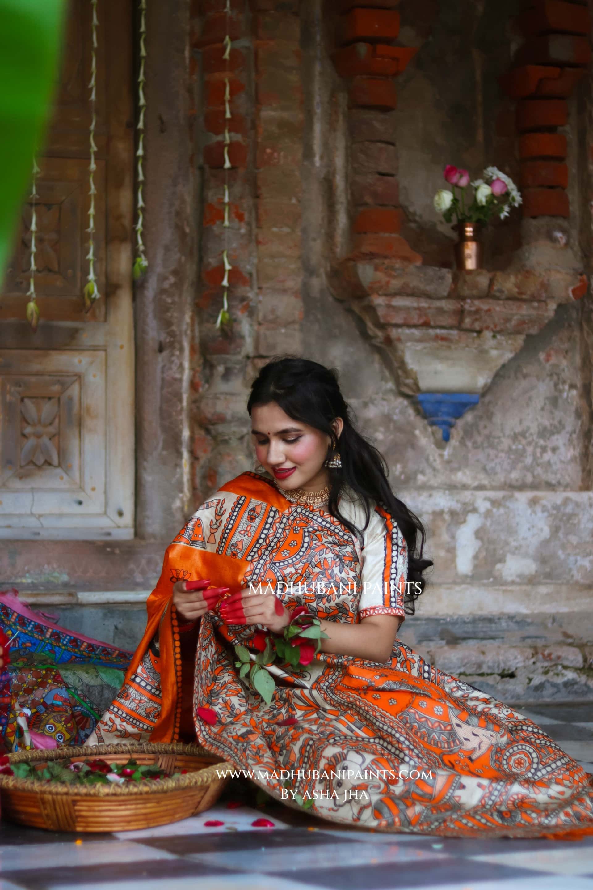 KESARIYA NAINTARA Handpainted Tussar Silk Madhubani Saree — image 3 of 10