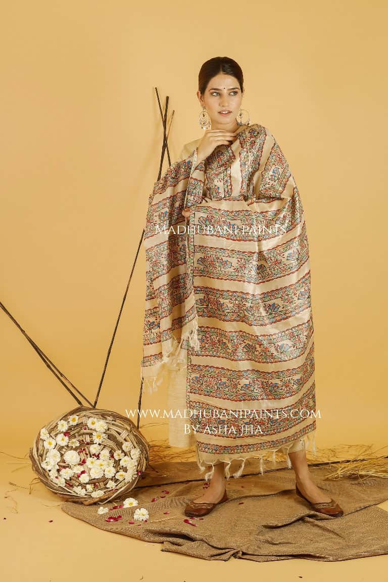 Mayuri Katha Madhubani Handpainted Pure Handwoven Tussar Silk Dupatta — image 4 of 4