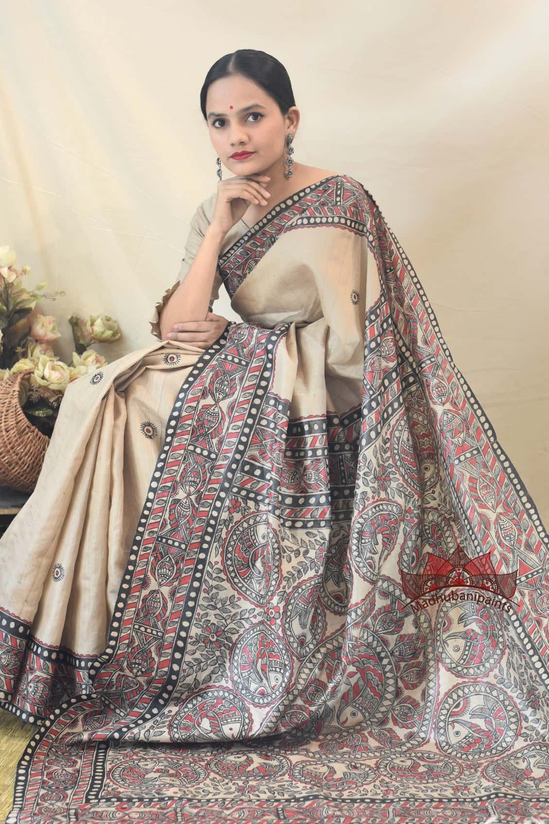 Madhubani Surmain Laal Kala Kachni Bharni Saree — image 4 of 9