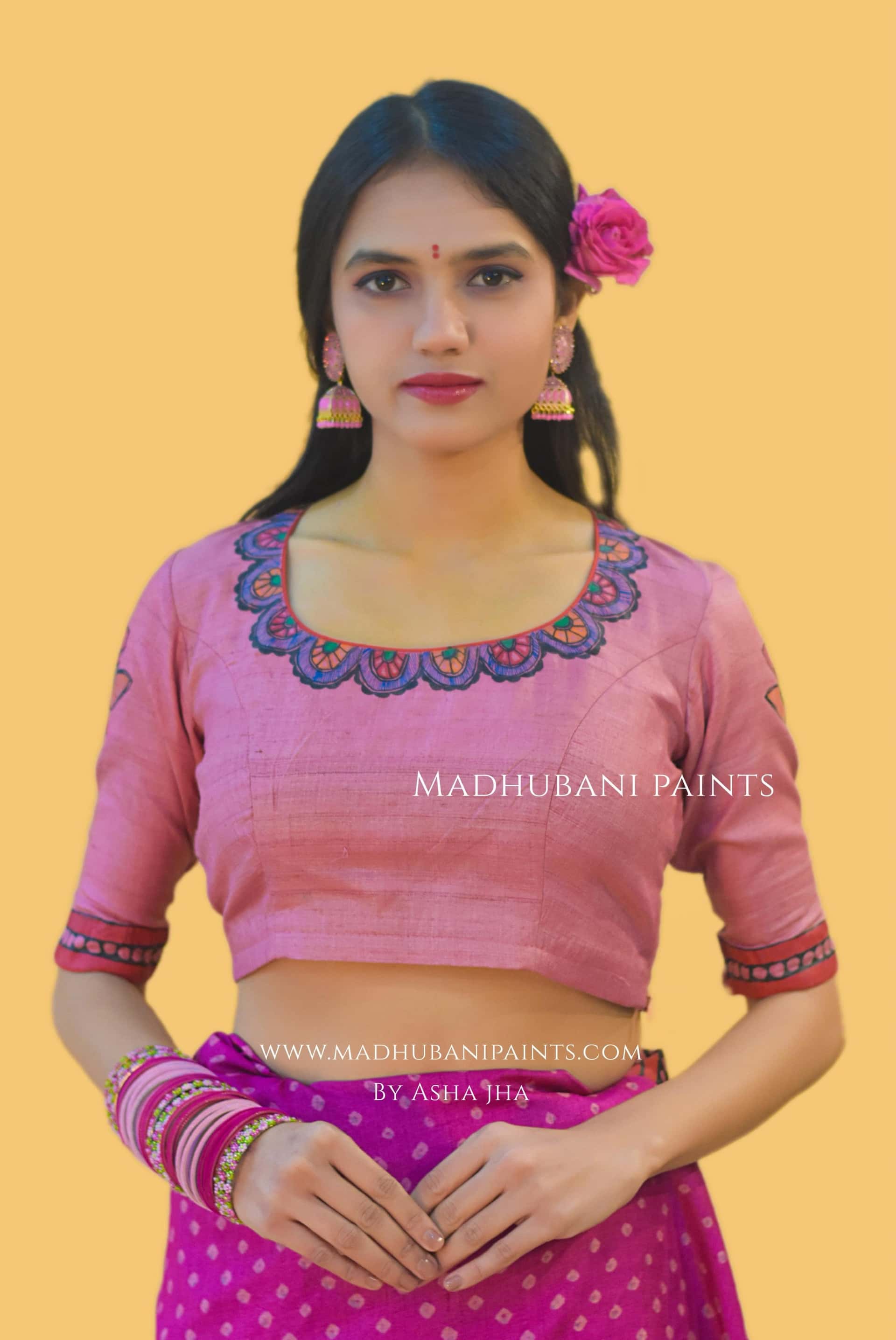 "GULABI DURGA" Handpainted Madhubani Bandhini Tussar Silk Saree Blouse set — image 3 of 9