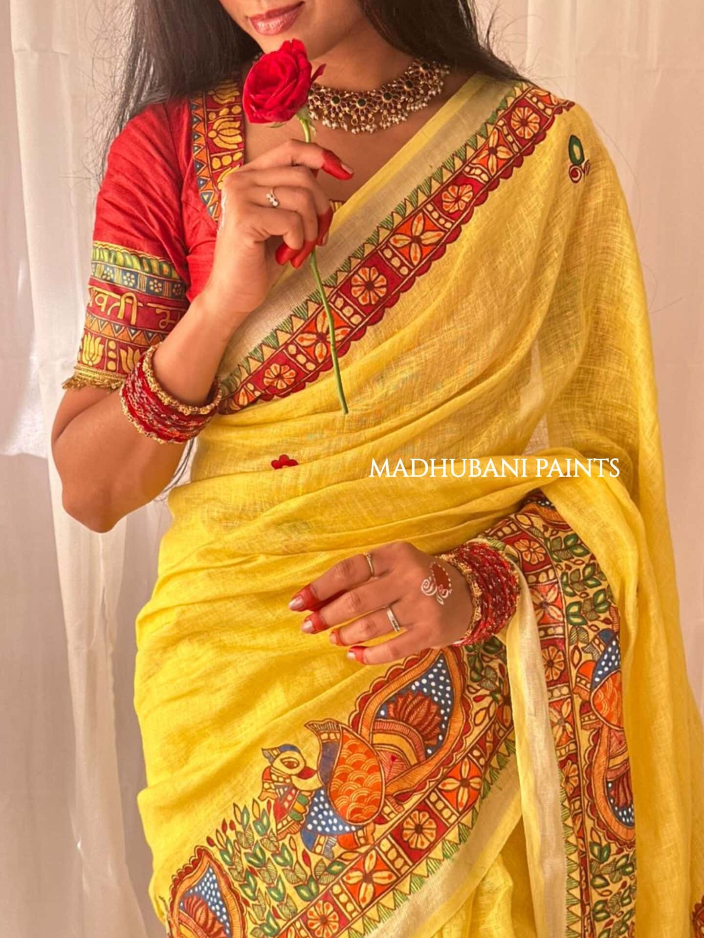 Linen Bridal Hand-painted Madhubani Painting Saree Blouse Set — image 3 of 10