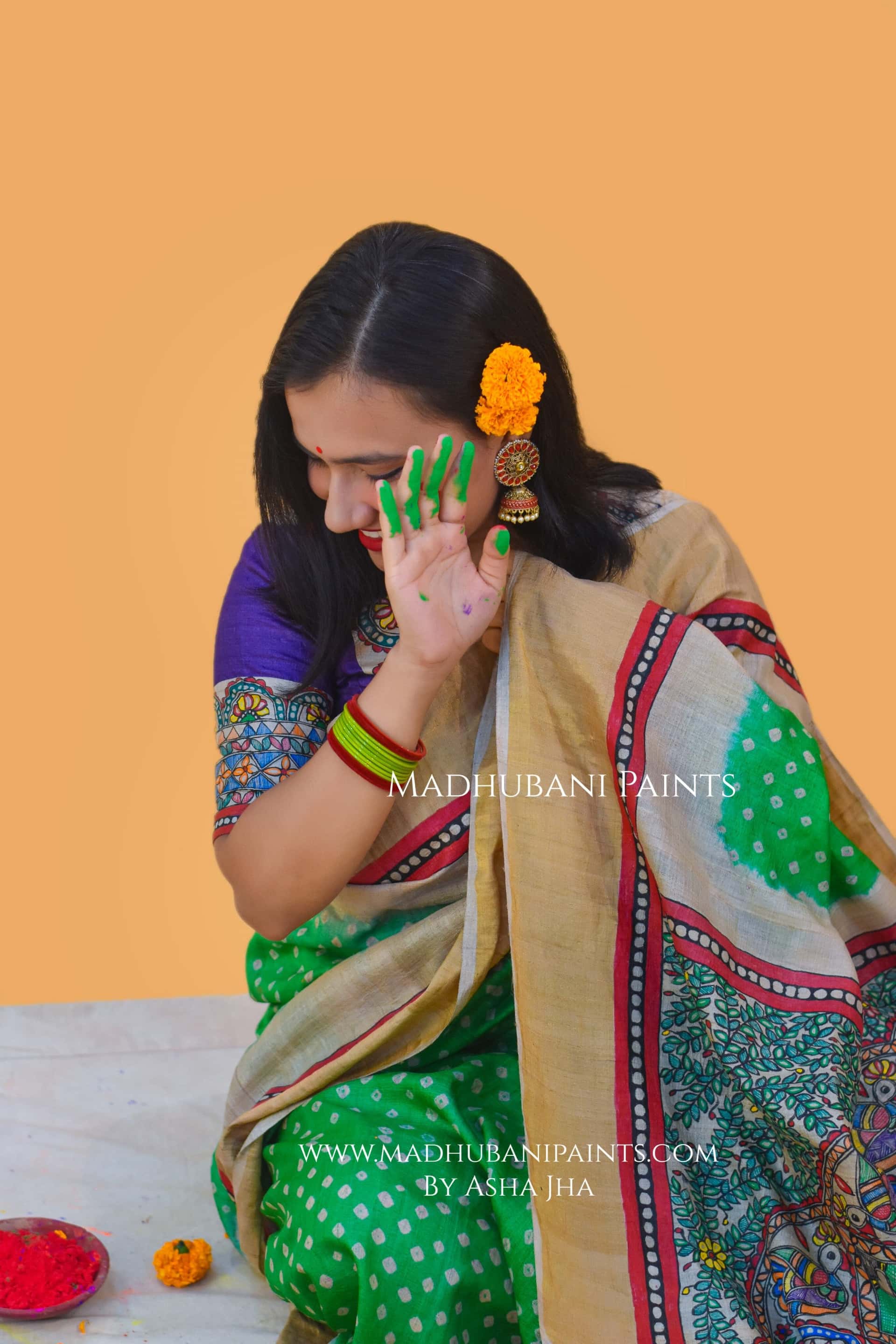 SURMAI MAYUR MANDALA Hand-painted Bandhini Madhubani Saree — image 7 of 7