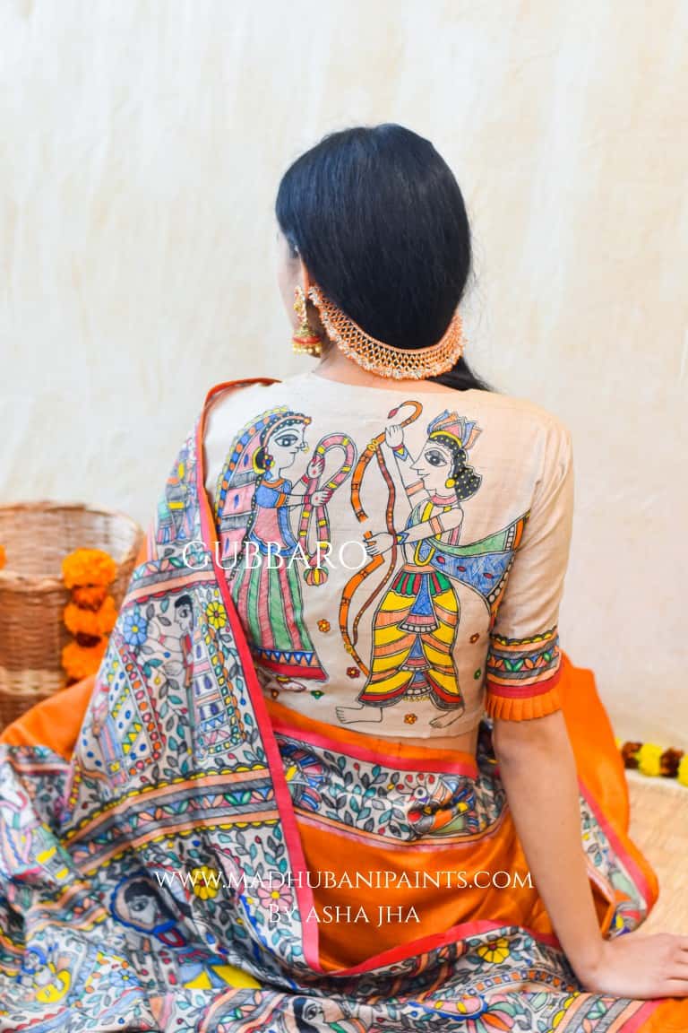 'SITA RAM' Handpainted Madhubani Tussar Silk Blouse — image 6 of 7