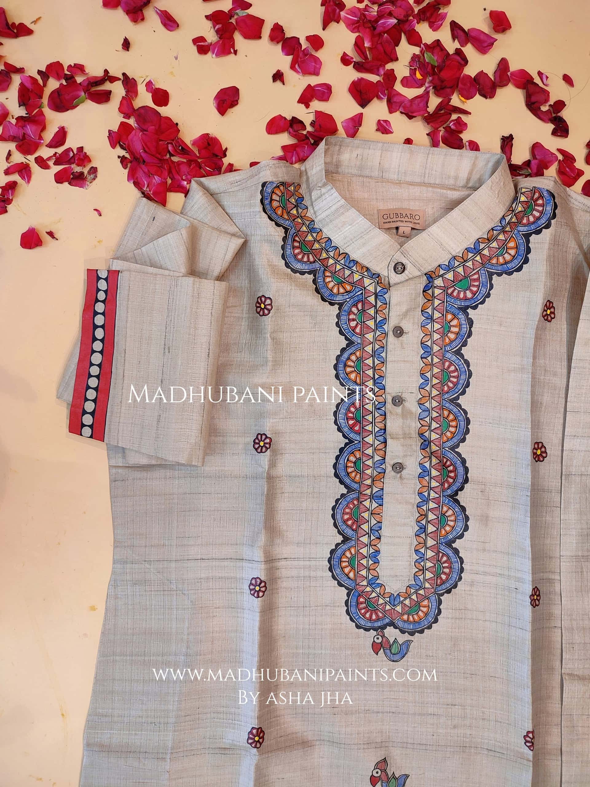 Mithila Flowers Hand-painted Beige Madhubani Men's Tussar Silk Kurta Pant Set — image 2 of 3