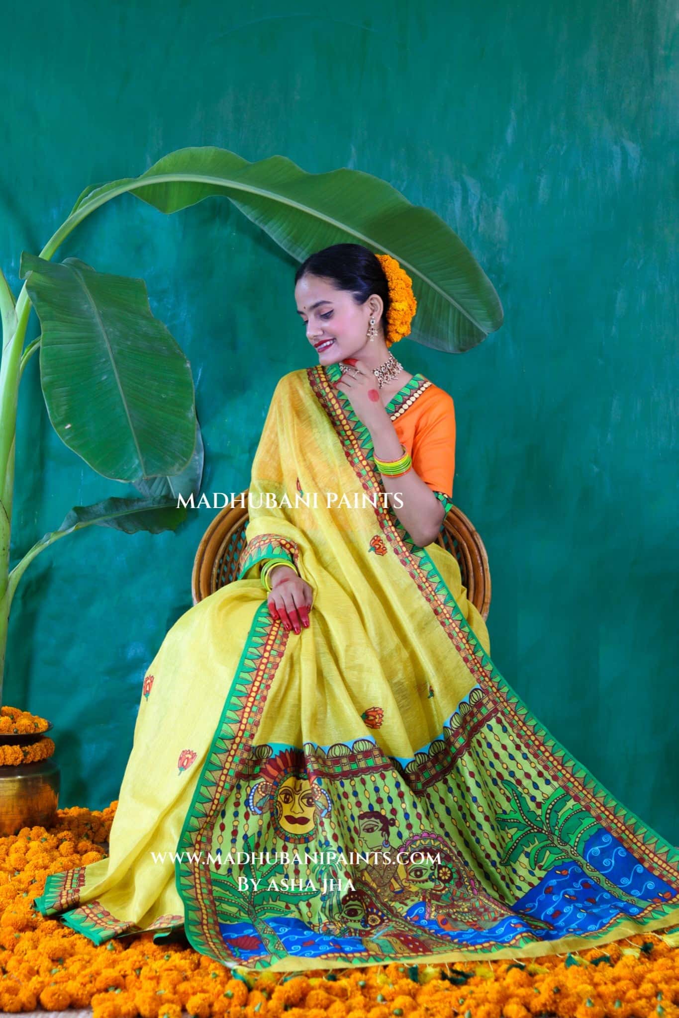 VRATI Chhath Puja Handpainted Madhubani Tissue Linen Saree Blouse Set — image 8 of 15
