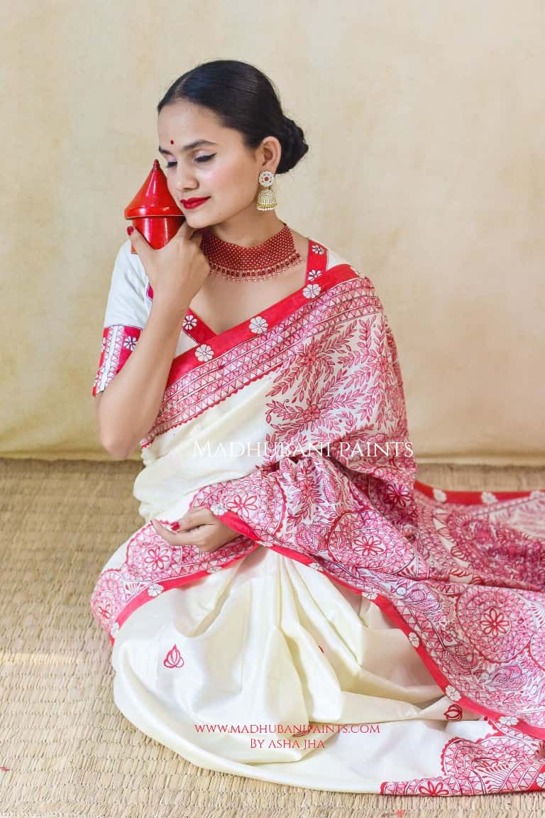 Manik Raina Handpainted Madhubani Tussar Silk Saree Blouse Set — image 6 of 10