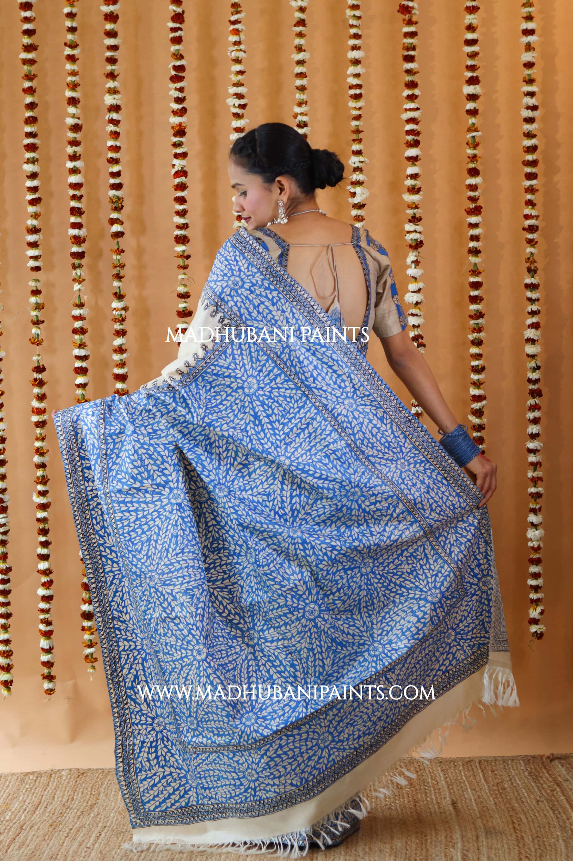Blue Patta Handpainted Tussar Silk Saree — image 6 of 10