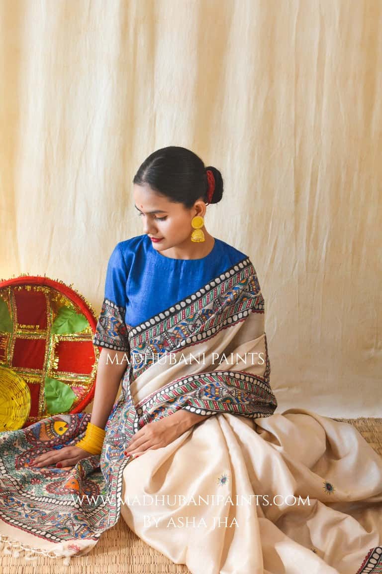 'MATSYA RAAS' Handpainted Madhubani Tussar Silk Blouse — image 6 of 7