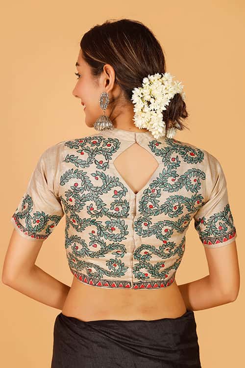'Radha's stroll' Handpainted Madhubani Tussar Silk Blouse — image 4 of 7