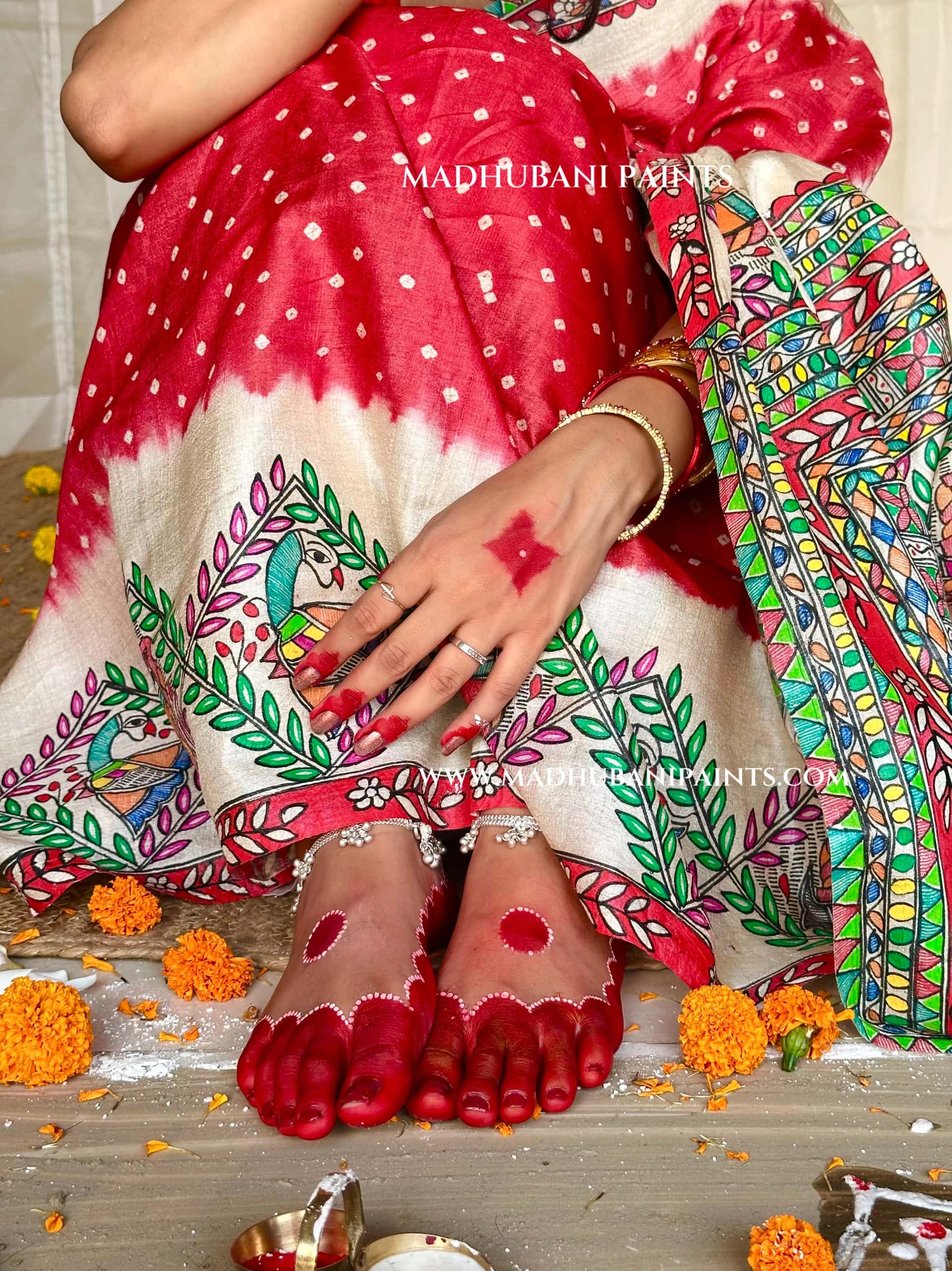 GULAB Handpainted Tussar Silk Bandhini Madhubani Saree — image 5 of 10