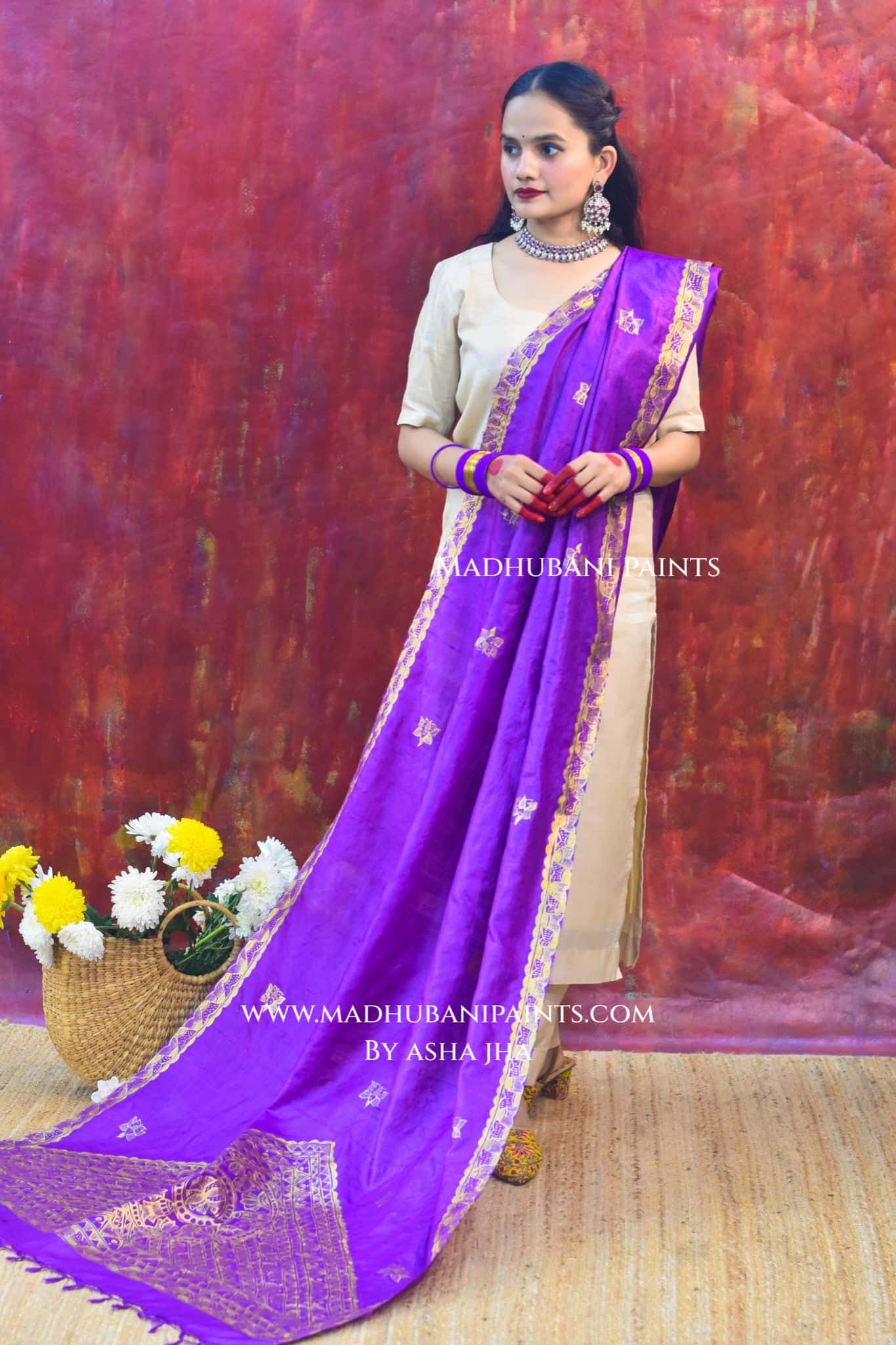 'BAIGINI SURMAI' Handpainted Madhubani Tussar Silk Dupatta — image 6 of 6