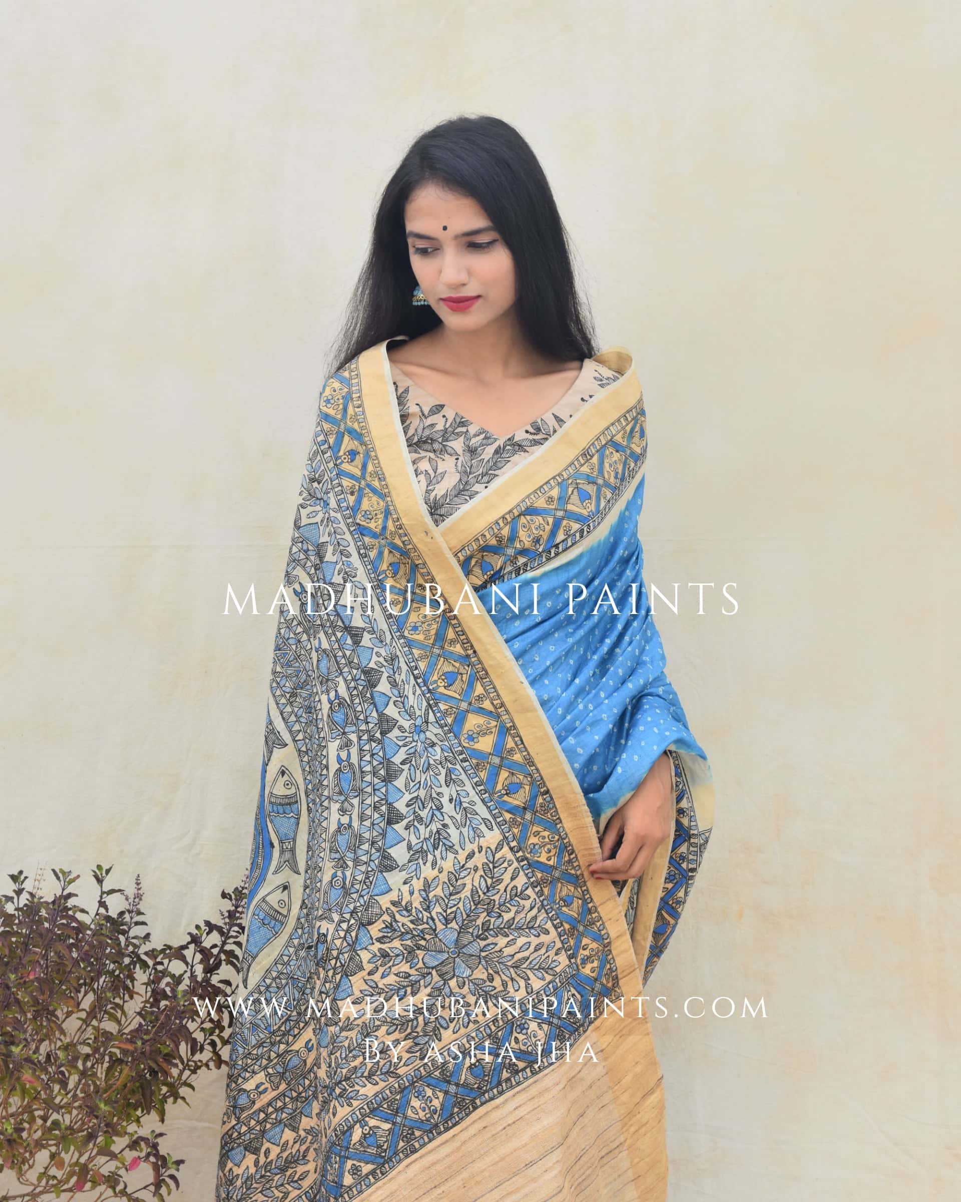 'AASMANI' Madhubani Hand-painted Bandhani Tussar Silk Saree — image 4 of 7